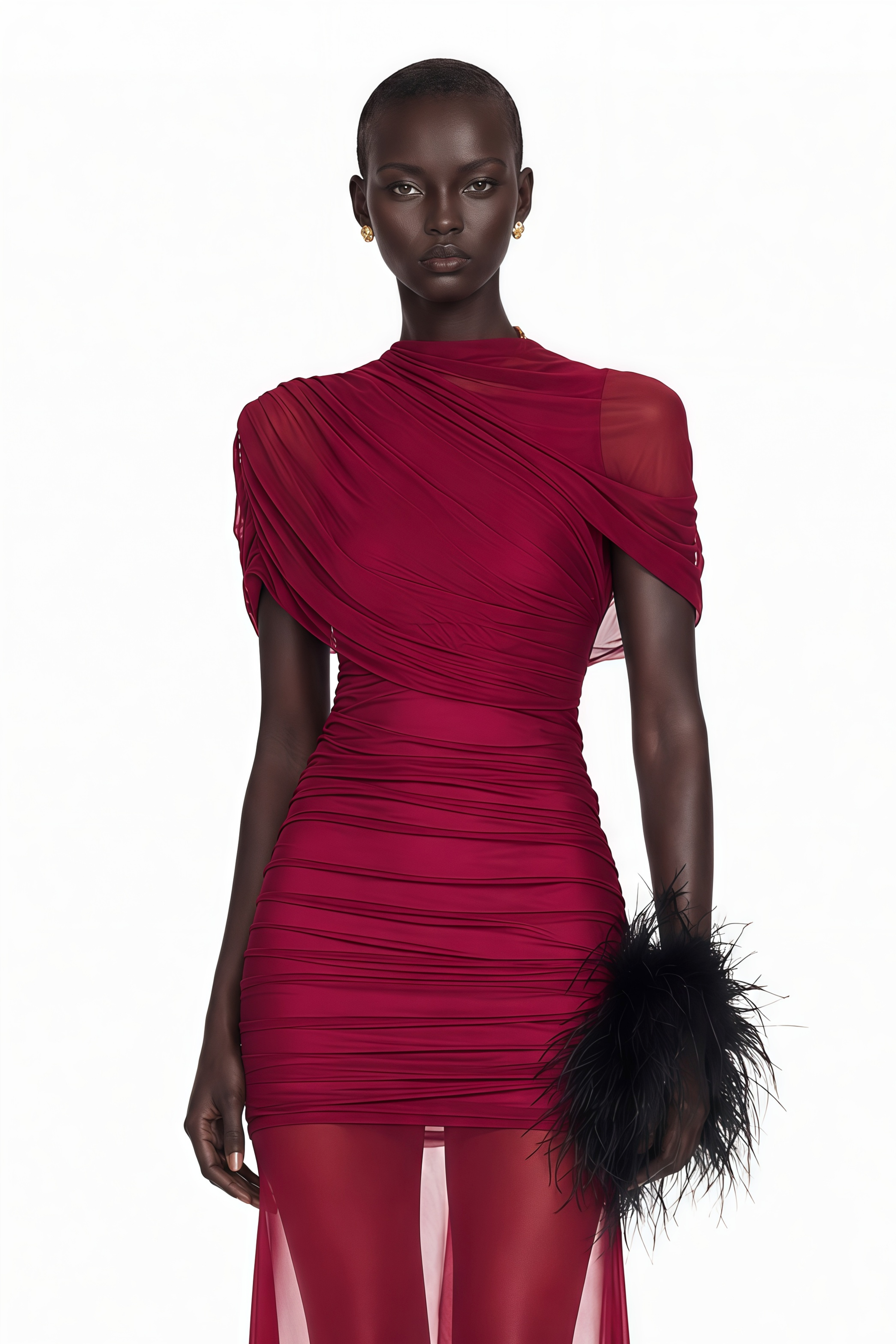 Burgundy ruched gown with a draped high neckline and sheer skirt