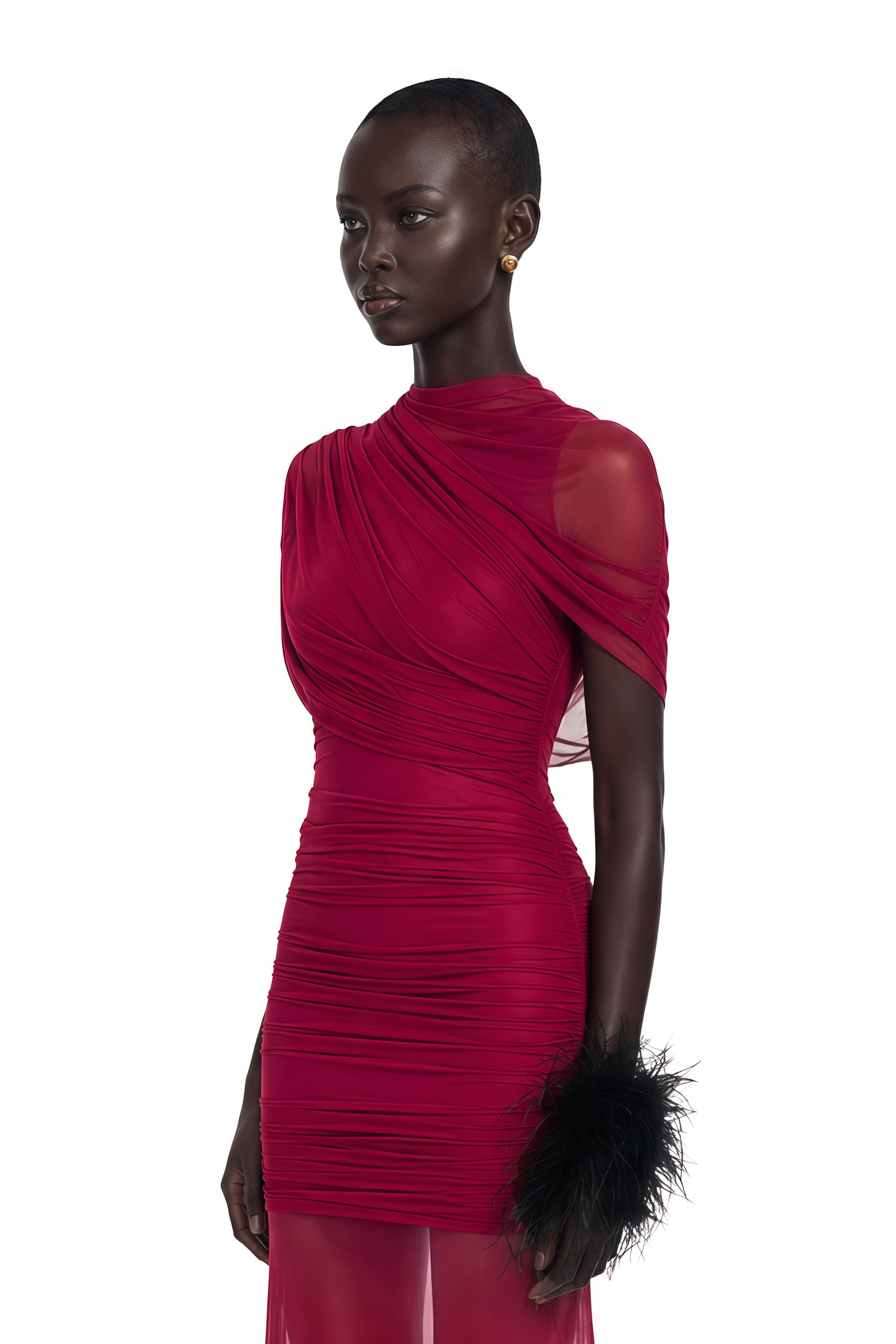 Burgundy ruched gown with a draped high neckline and sheer skirt
