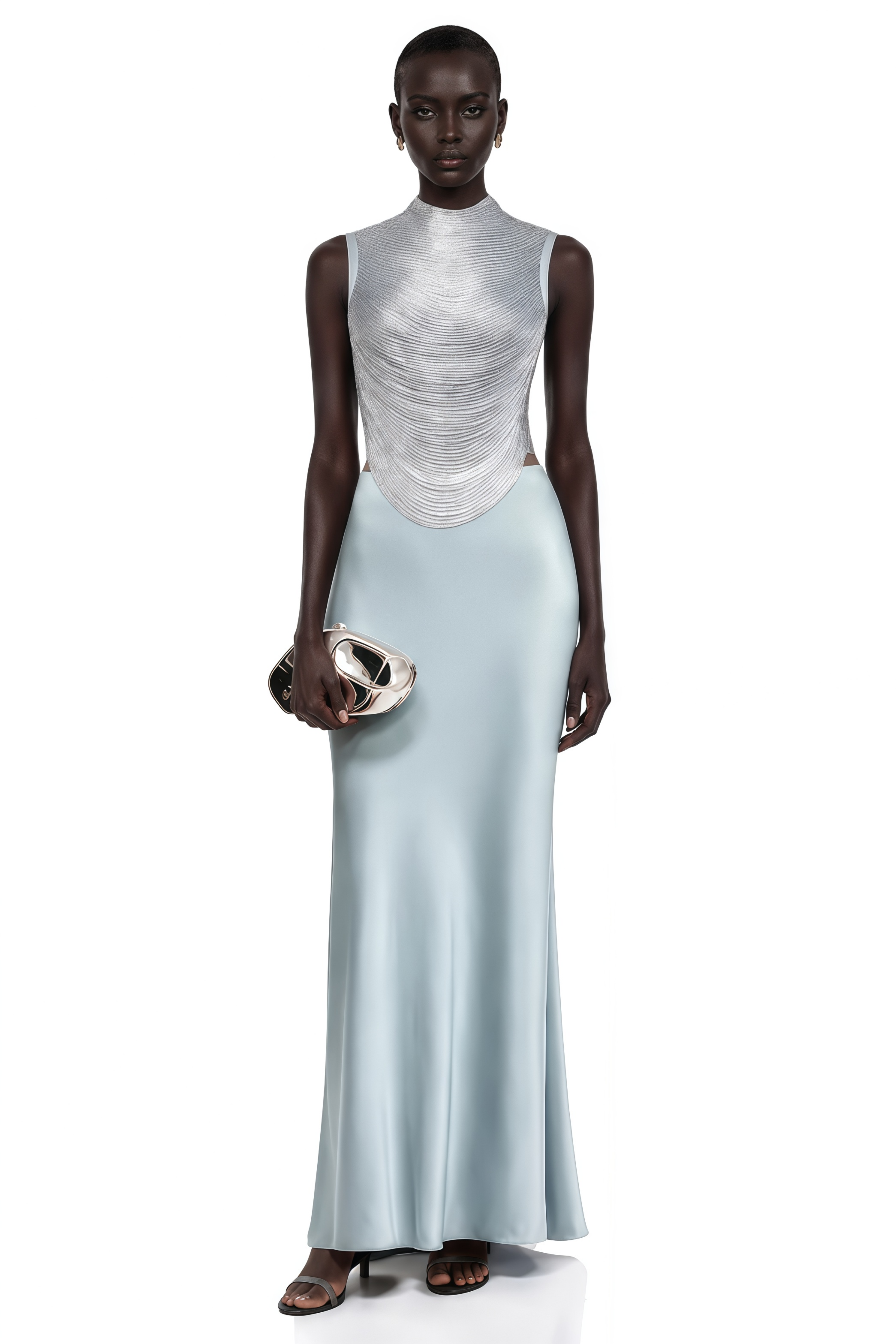 Light blue sleeveless maxi dress with a textured silver bodice and satin skirt