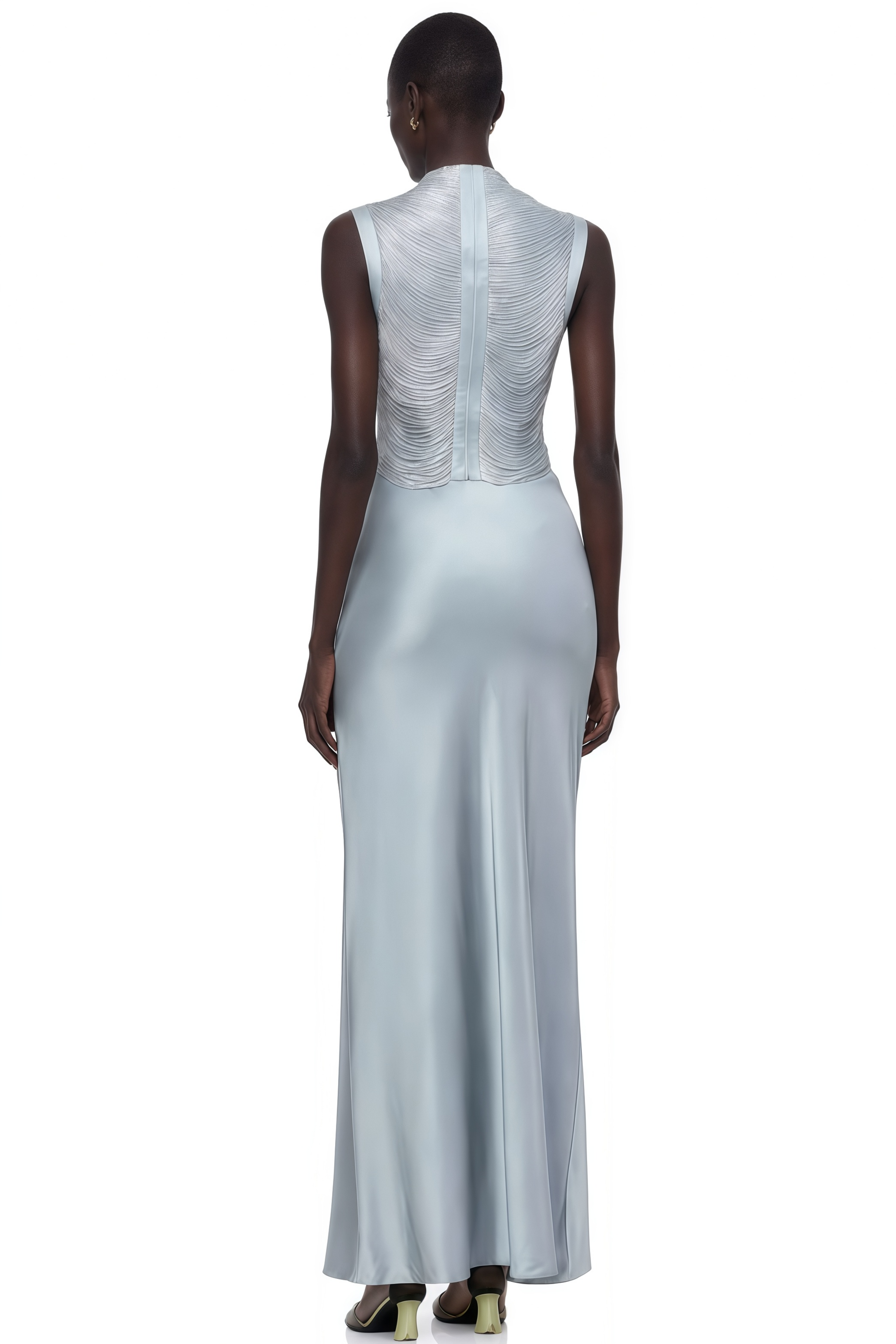 Light blue sleeveless maxi dress with a textured silver bodice and satin skirt