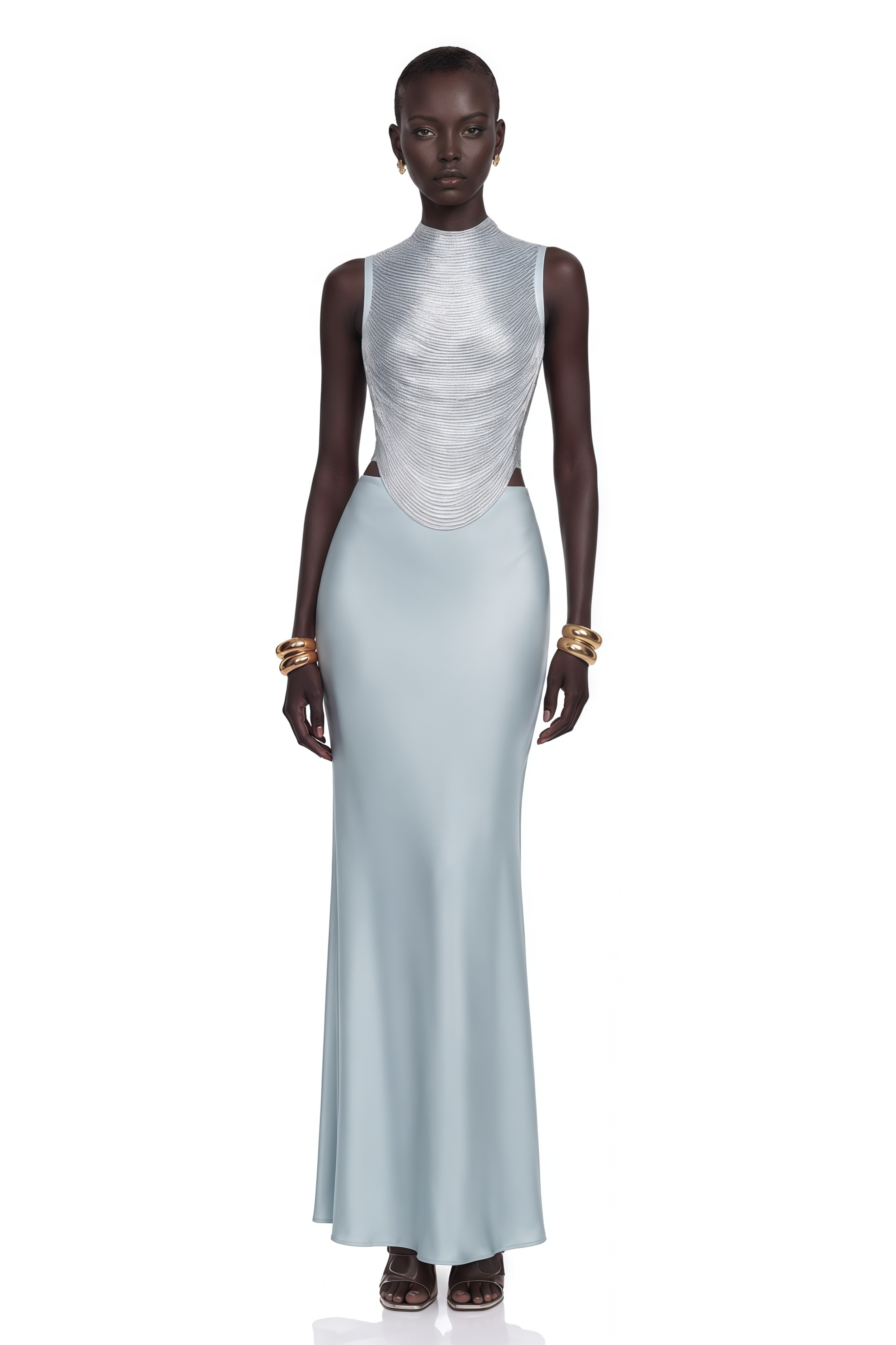 Light blue sleeveless maxi dress with a textured silver bodice and satin skirt