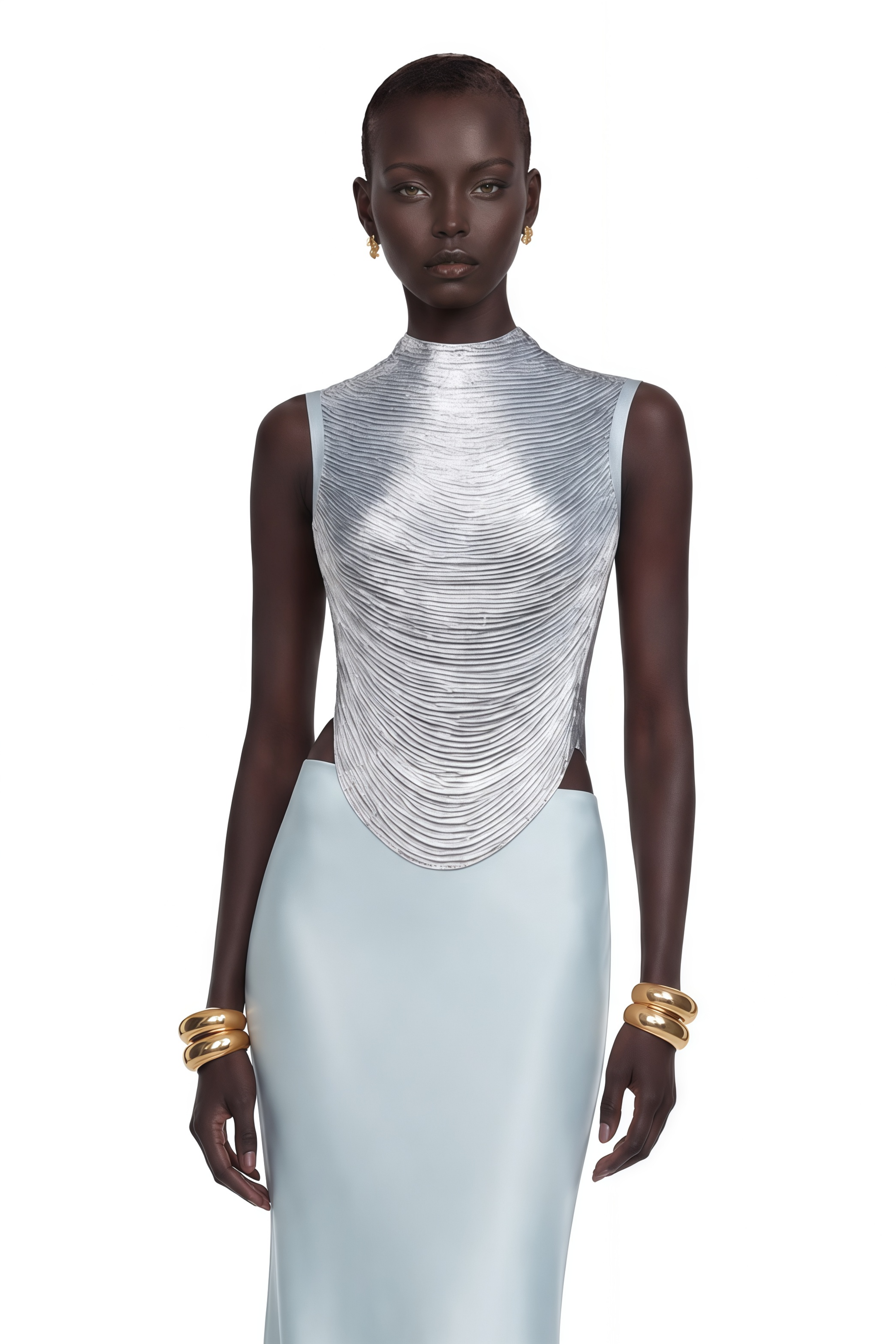 Light blue sleeveless maxi dress with a textured silver bodice and satin skirt
