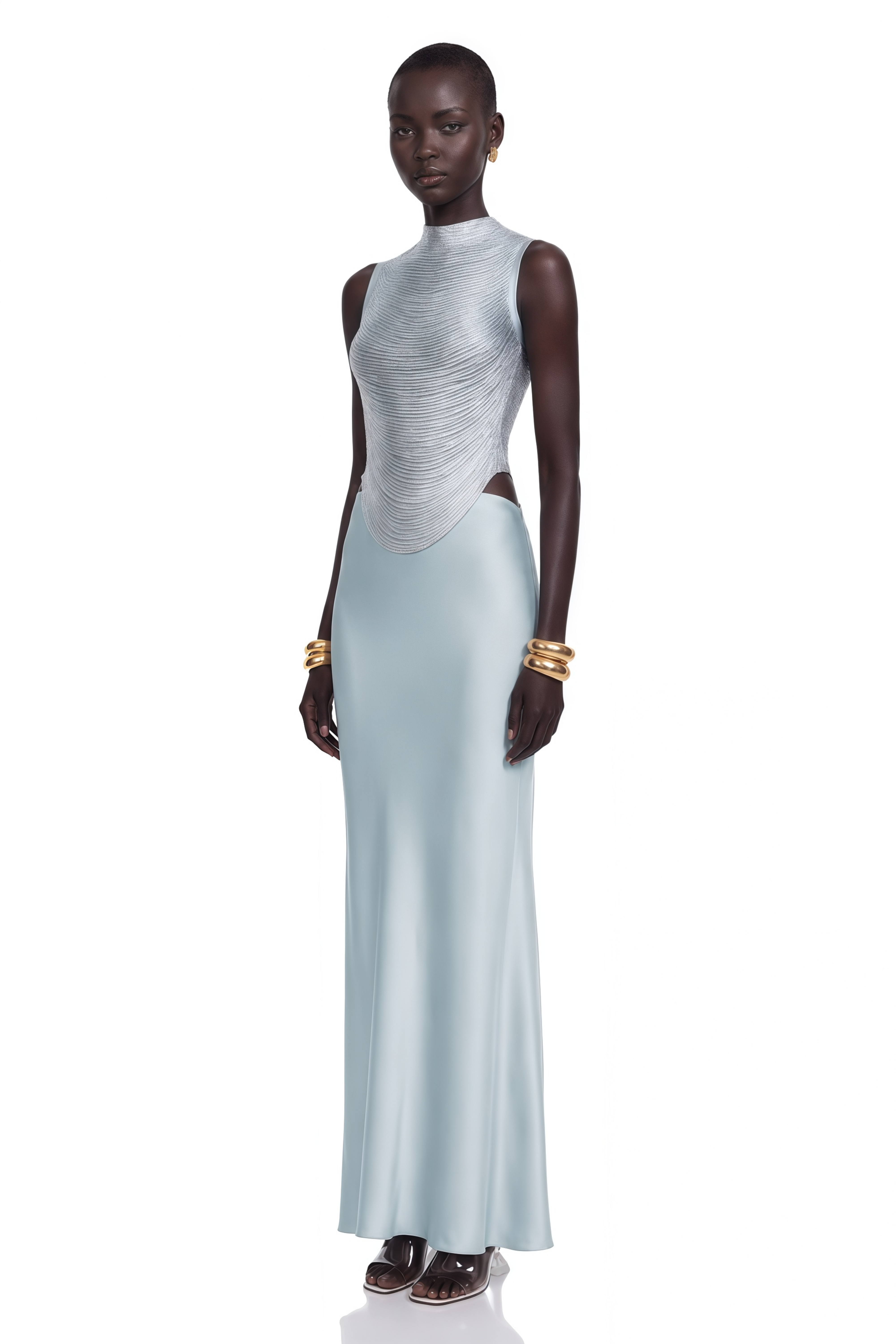 Light blue sleeveless maxi dress with a textured silver bodice and satin skirt