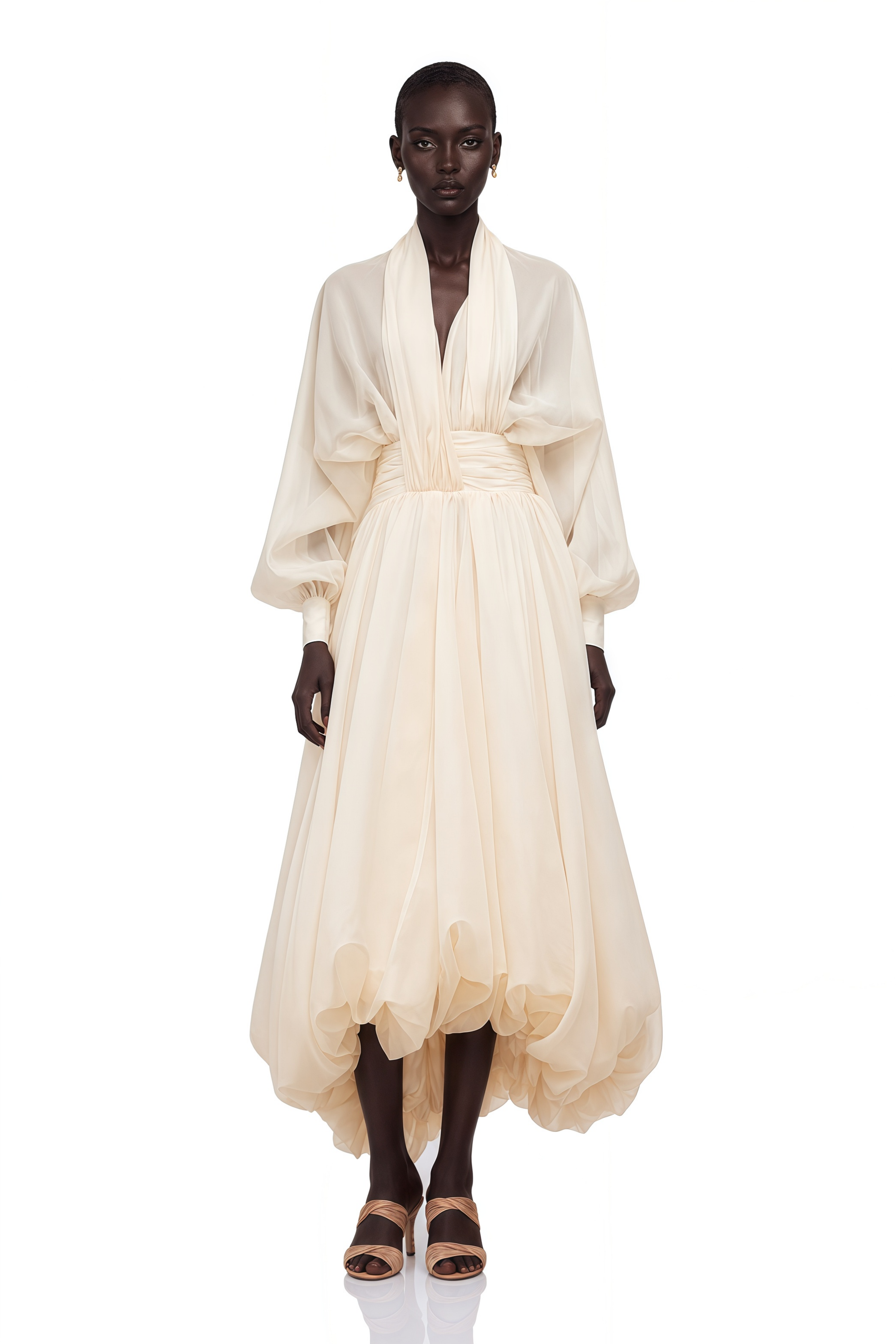 Cream long-sleeve midi dress with a balloon hem