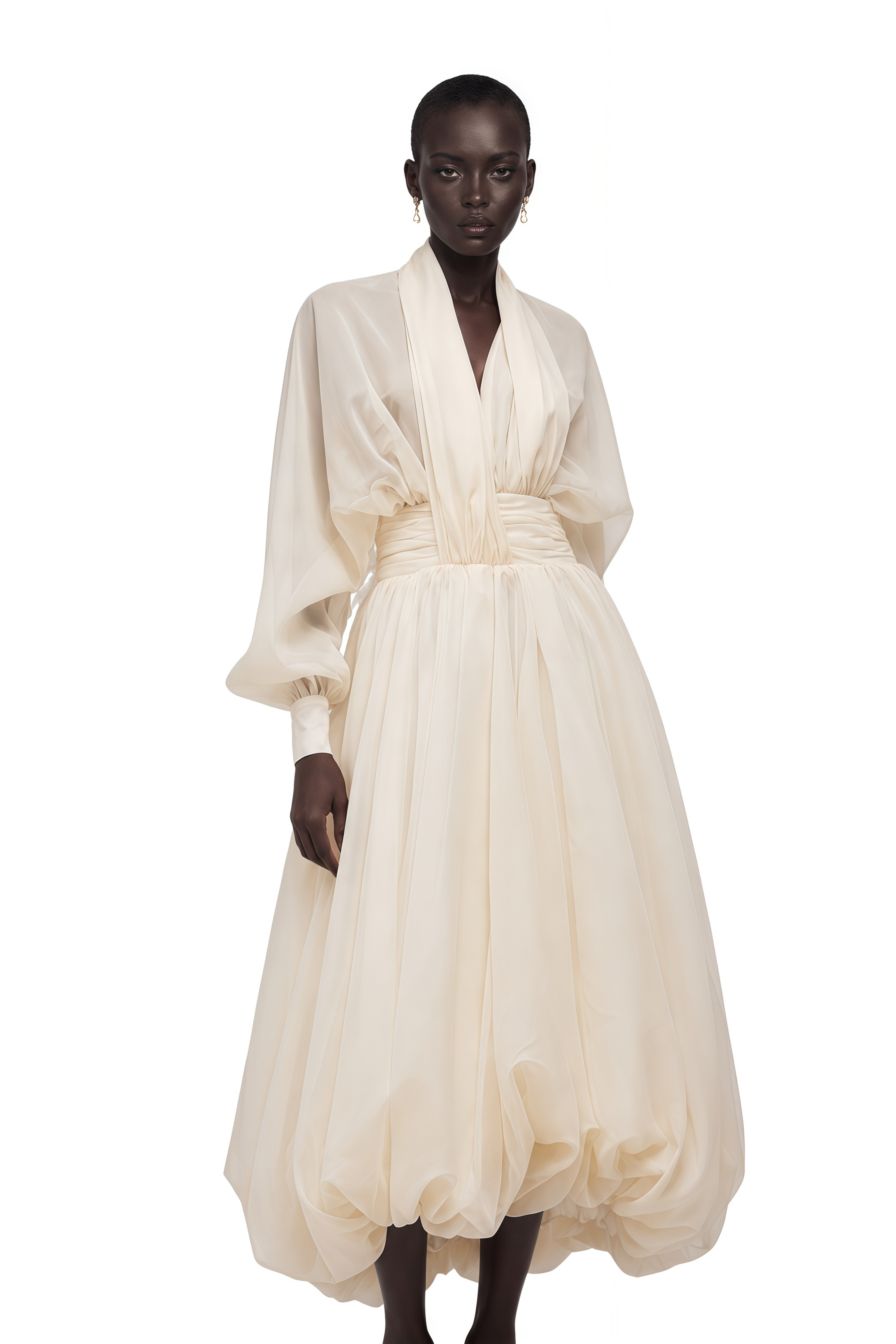 Cream long-sleeve midi dress with a balloon hem