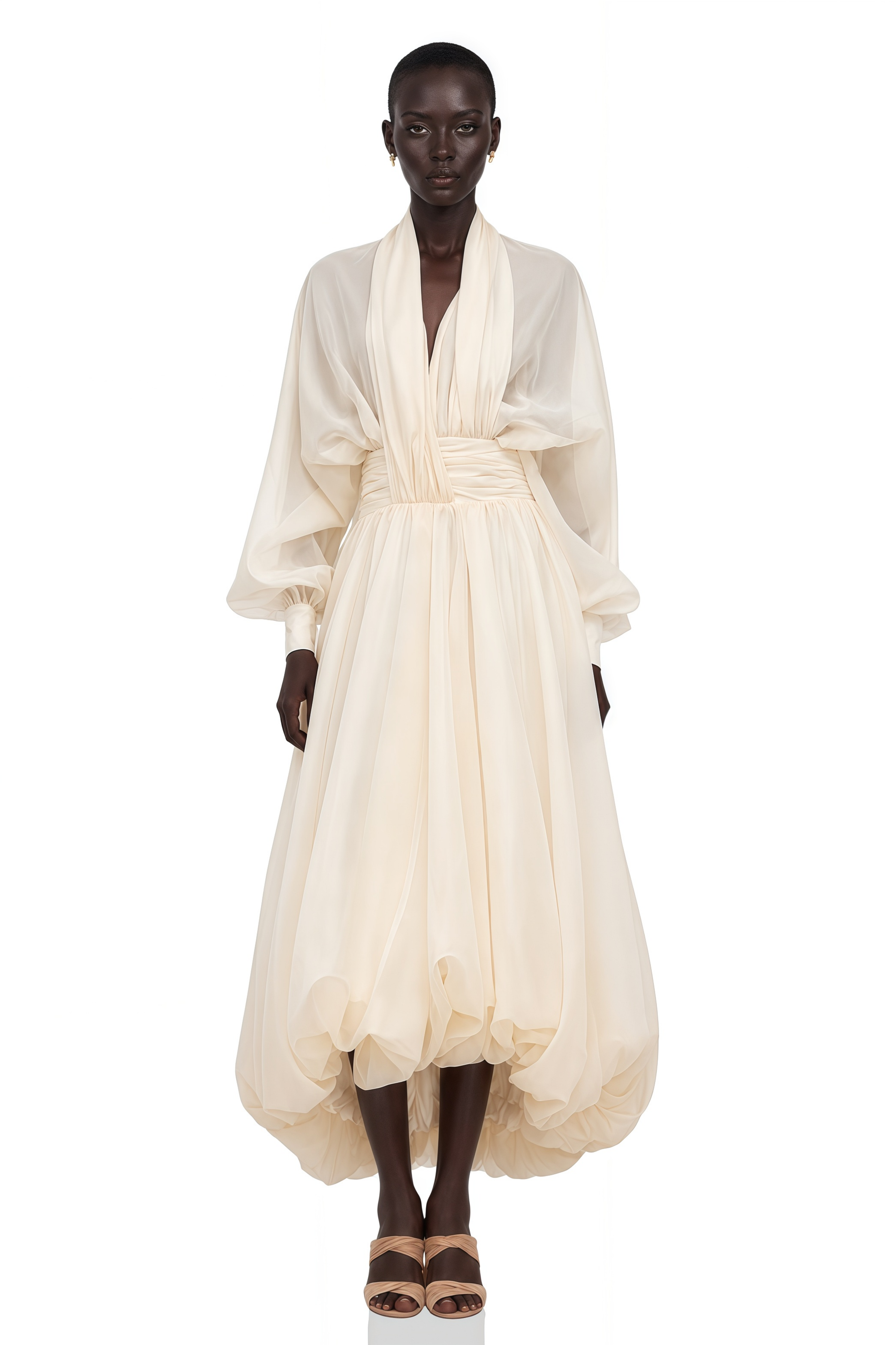 Cream long-sleeve midi dress with a balloon hem