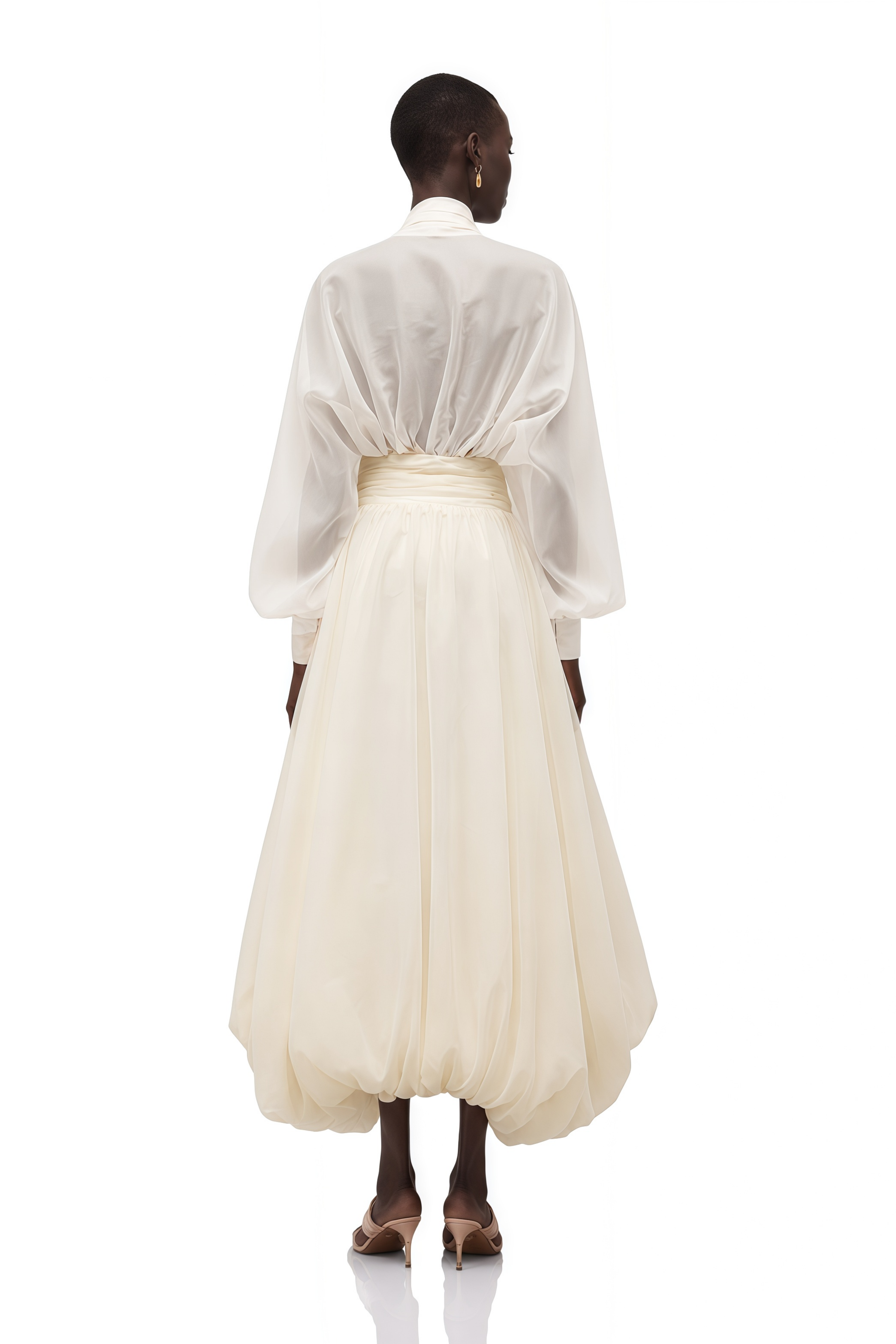 Cream long-sleeve midi dress with a balloon hem