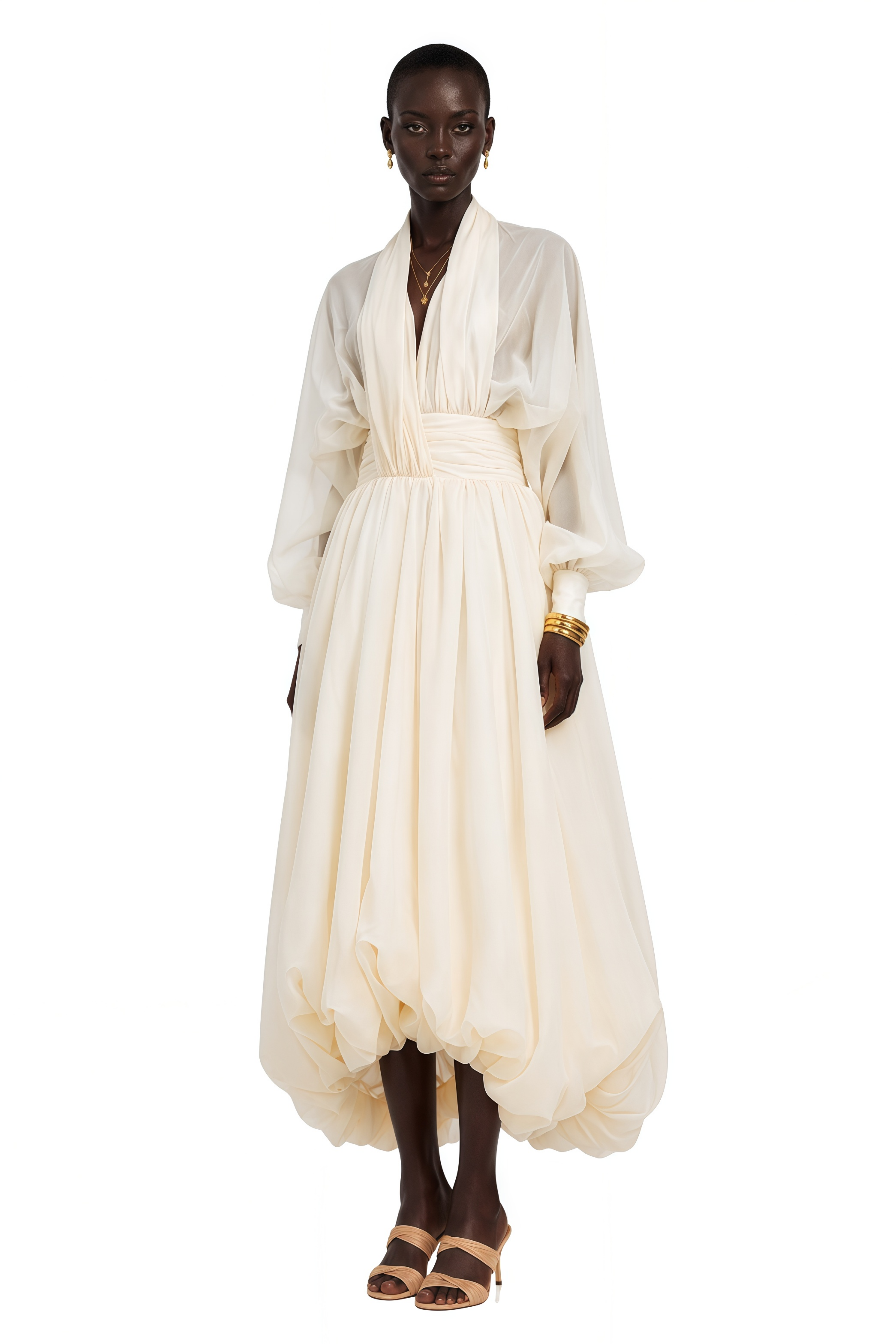 Cream long-sleeve midi dress with a balloon hem