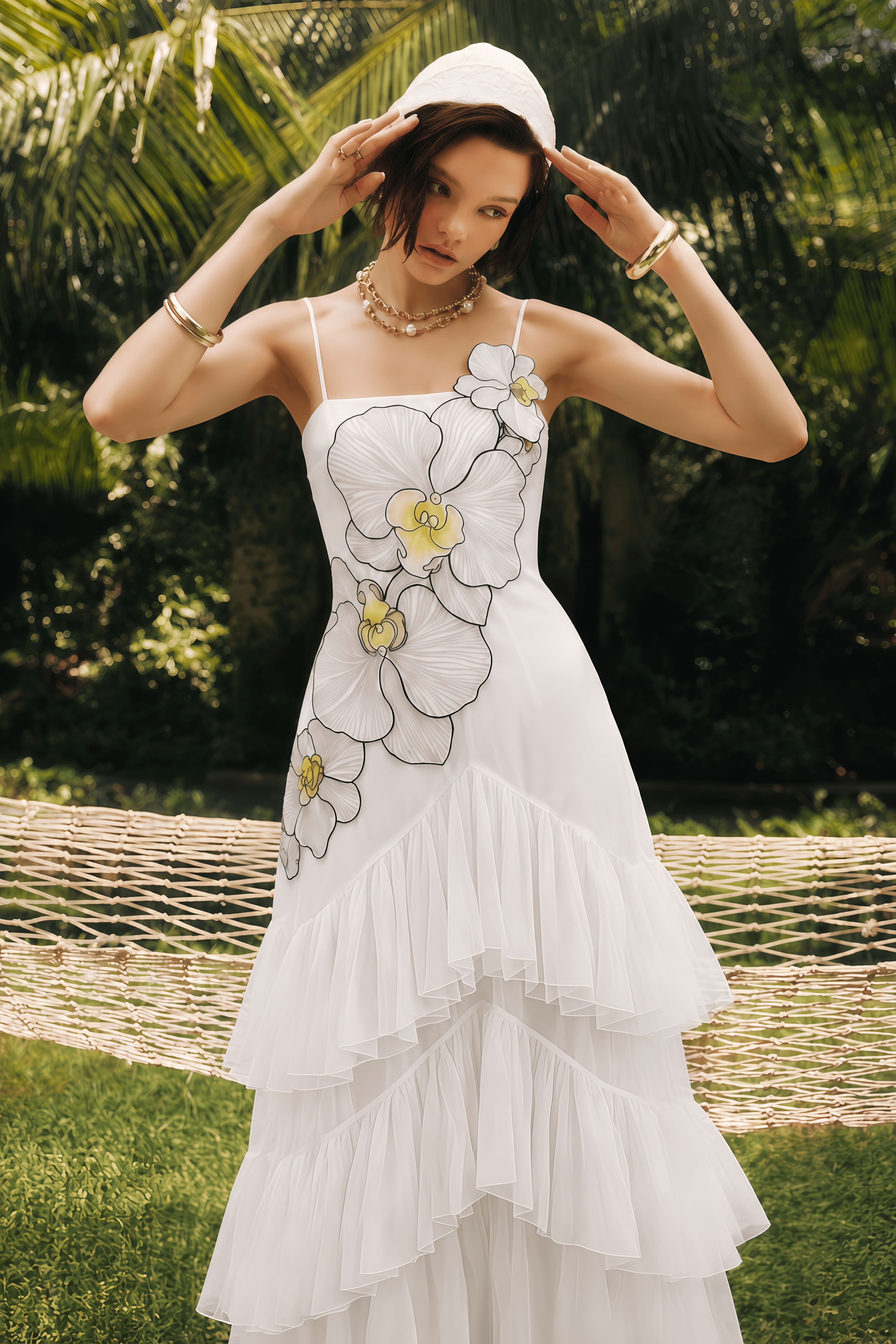 Mireille White Floral Print Ruffled Maxi Dress