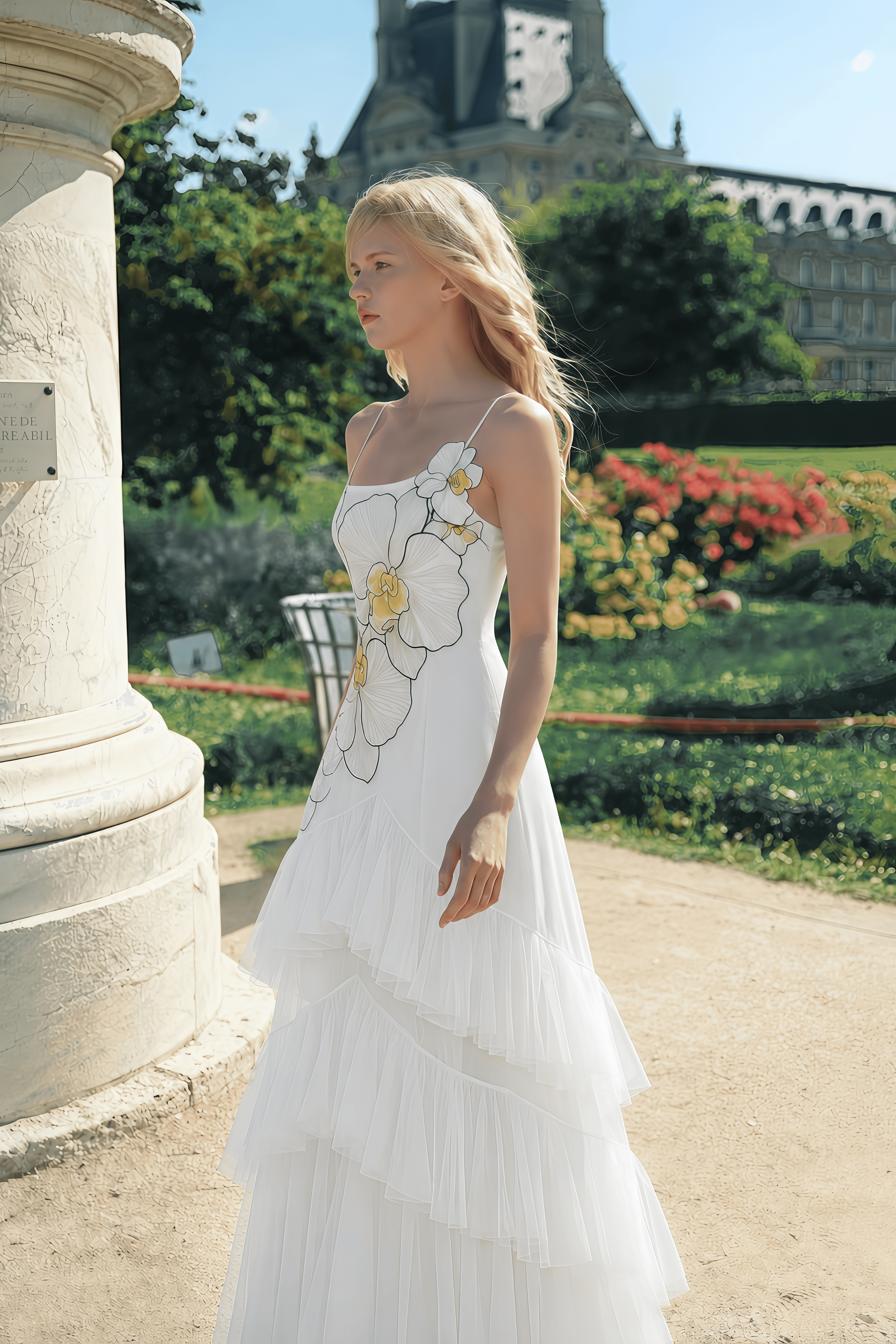 Mireille White Floral Print Ruffled Maxi Dress