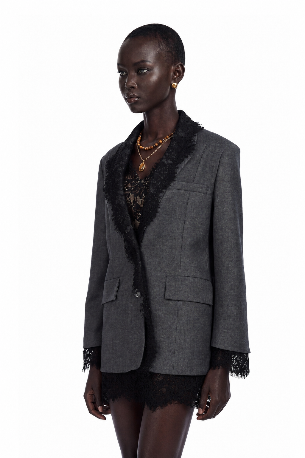 Grey blazer with black lace trim