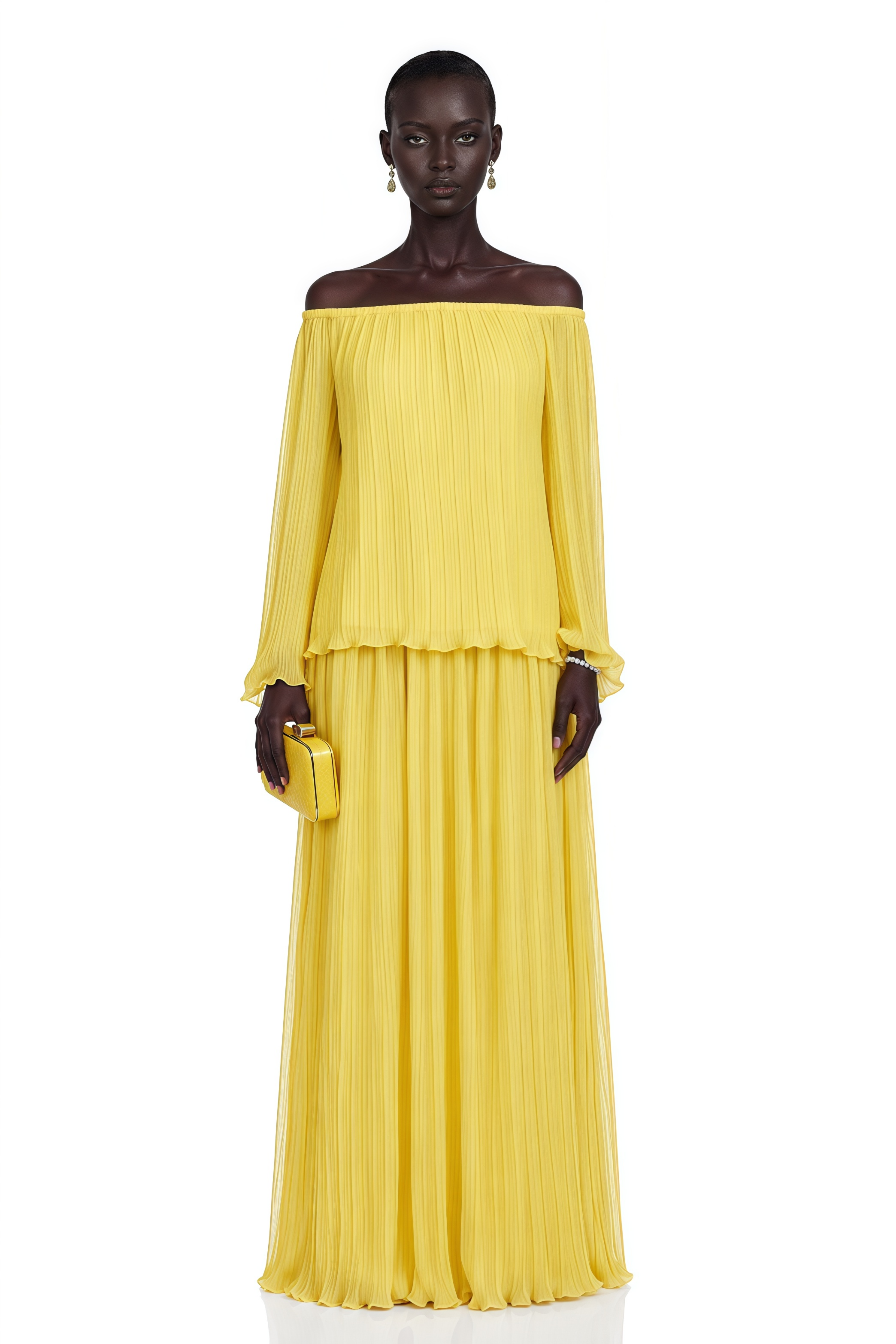 Yseult Yellow Pleated Casual Blouse & Skirt Set