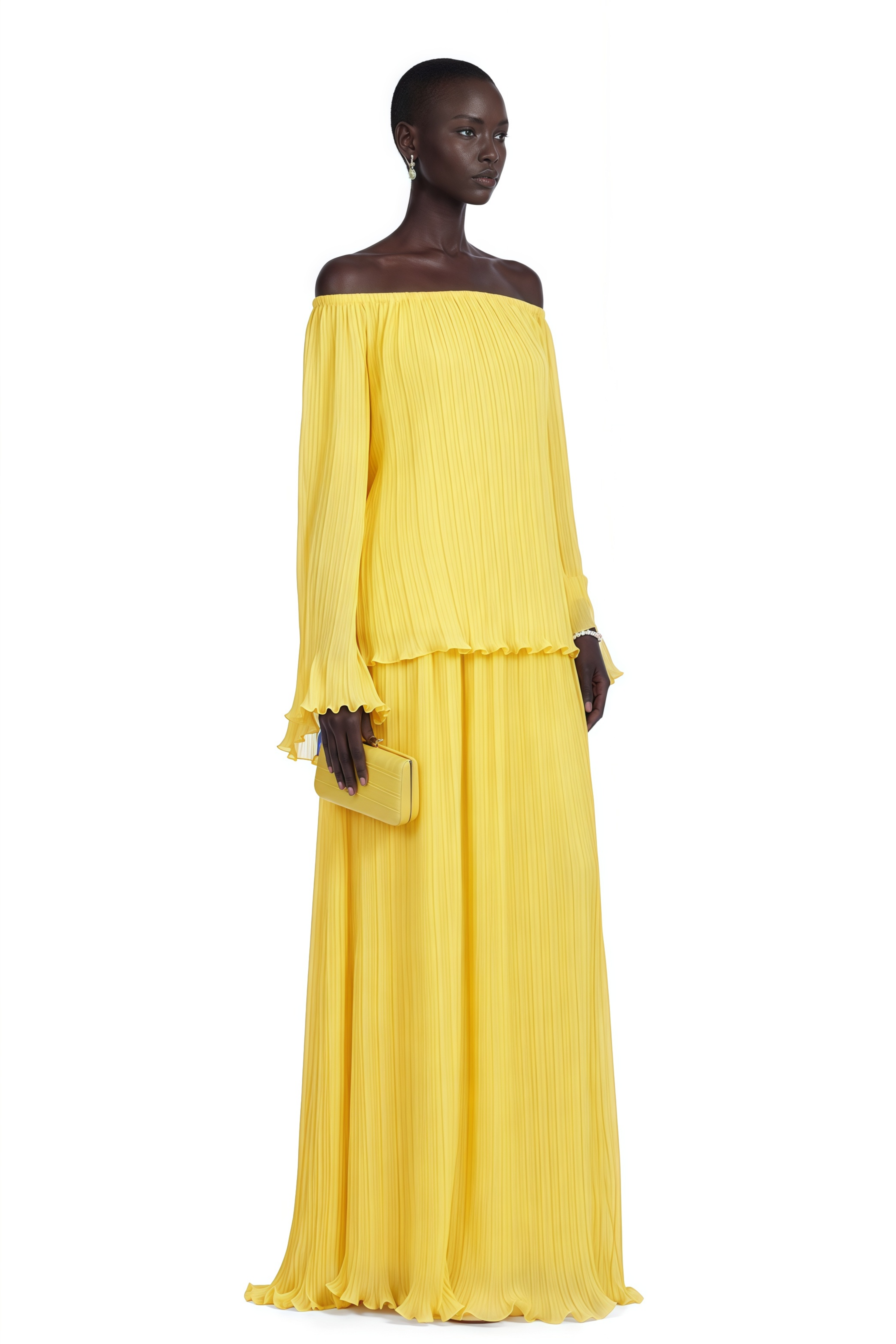 Yseult Yellow Pleated Casual Blouse & Skirt Set