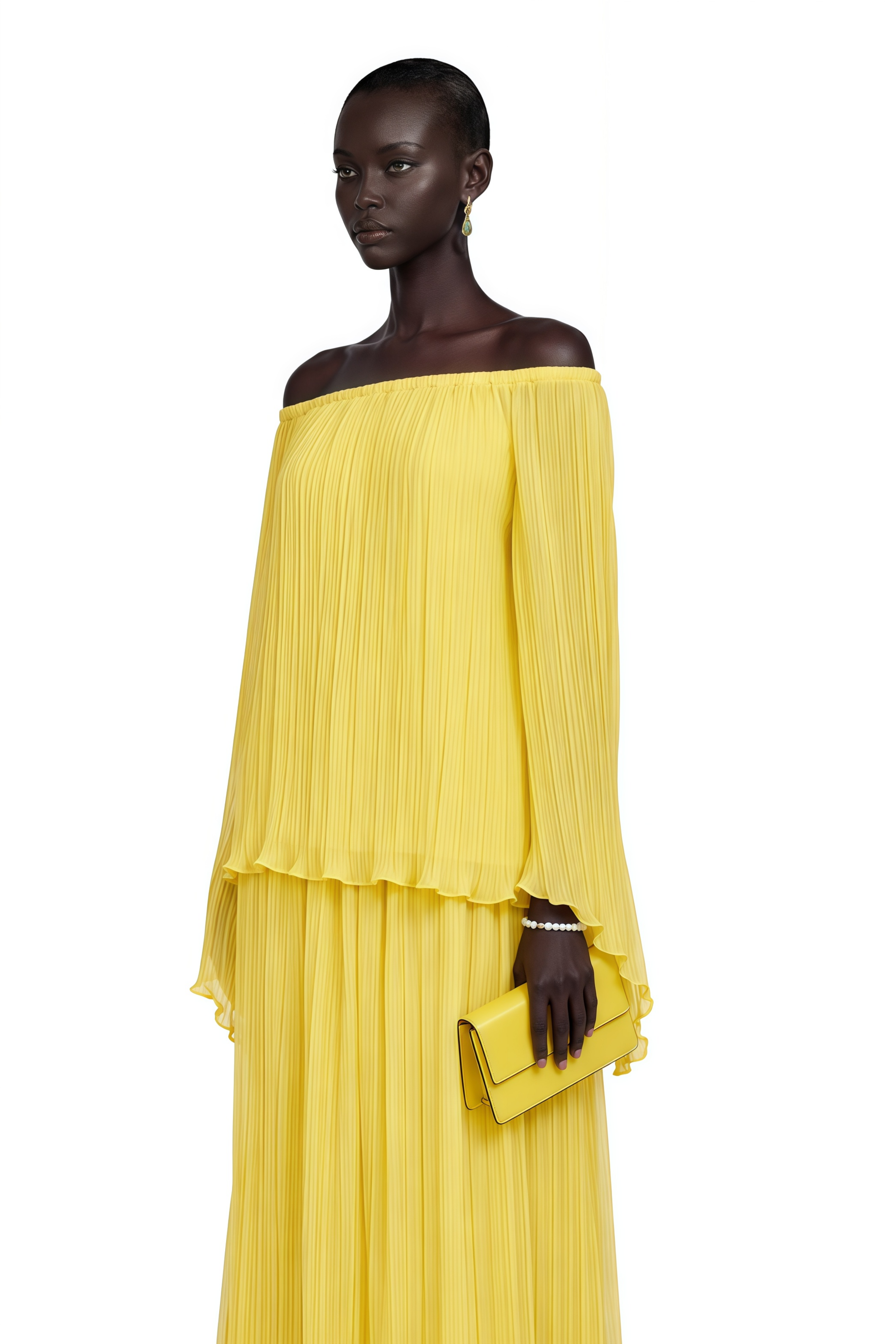 Yseult Yellow Pleated Casual Blouse & Skirt Set