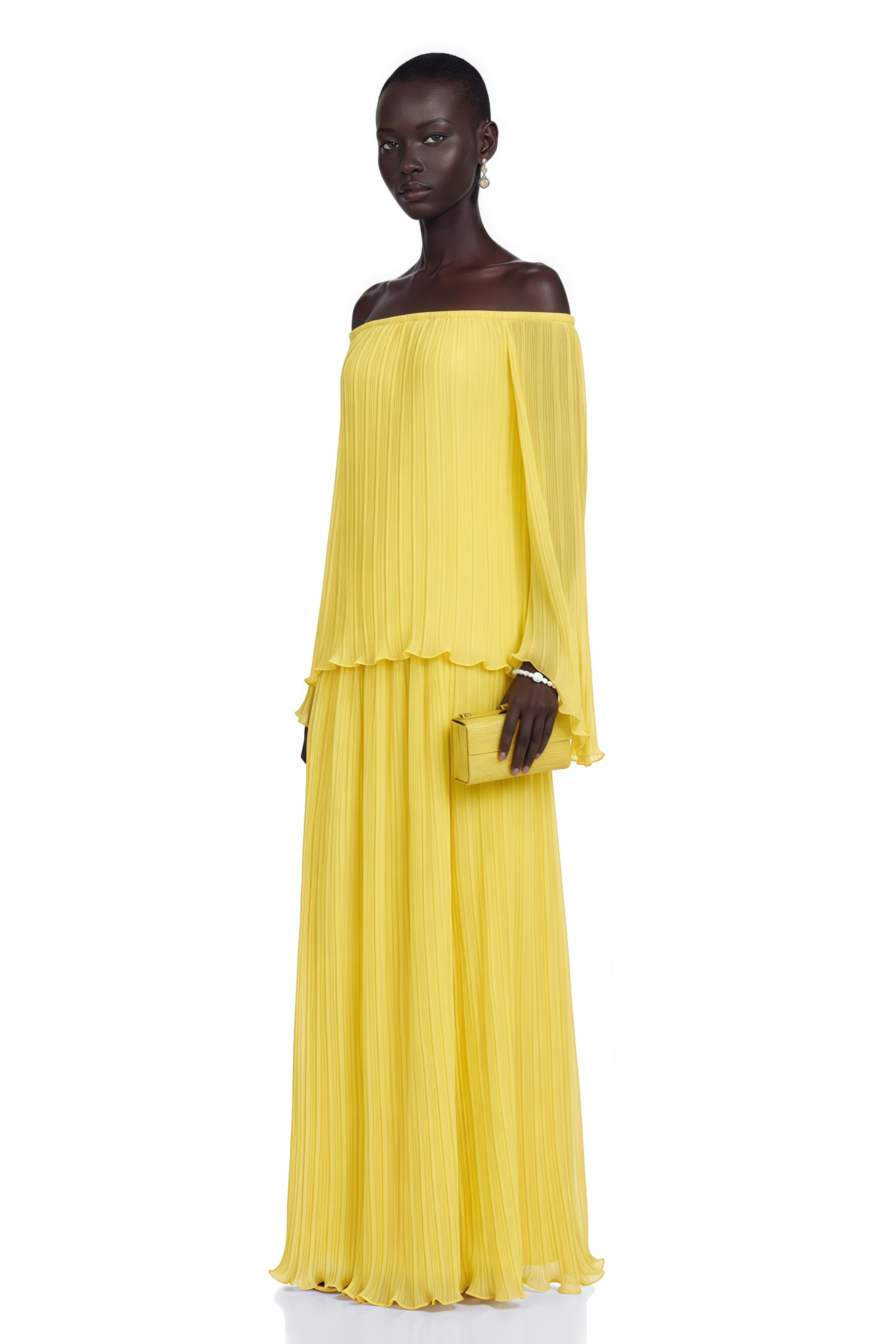 Yseult Yellow Pleated Casual Blouse & Skirt Set