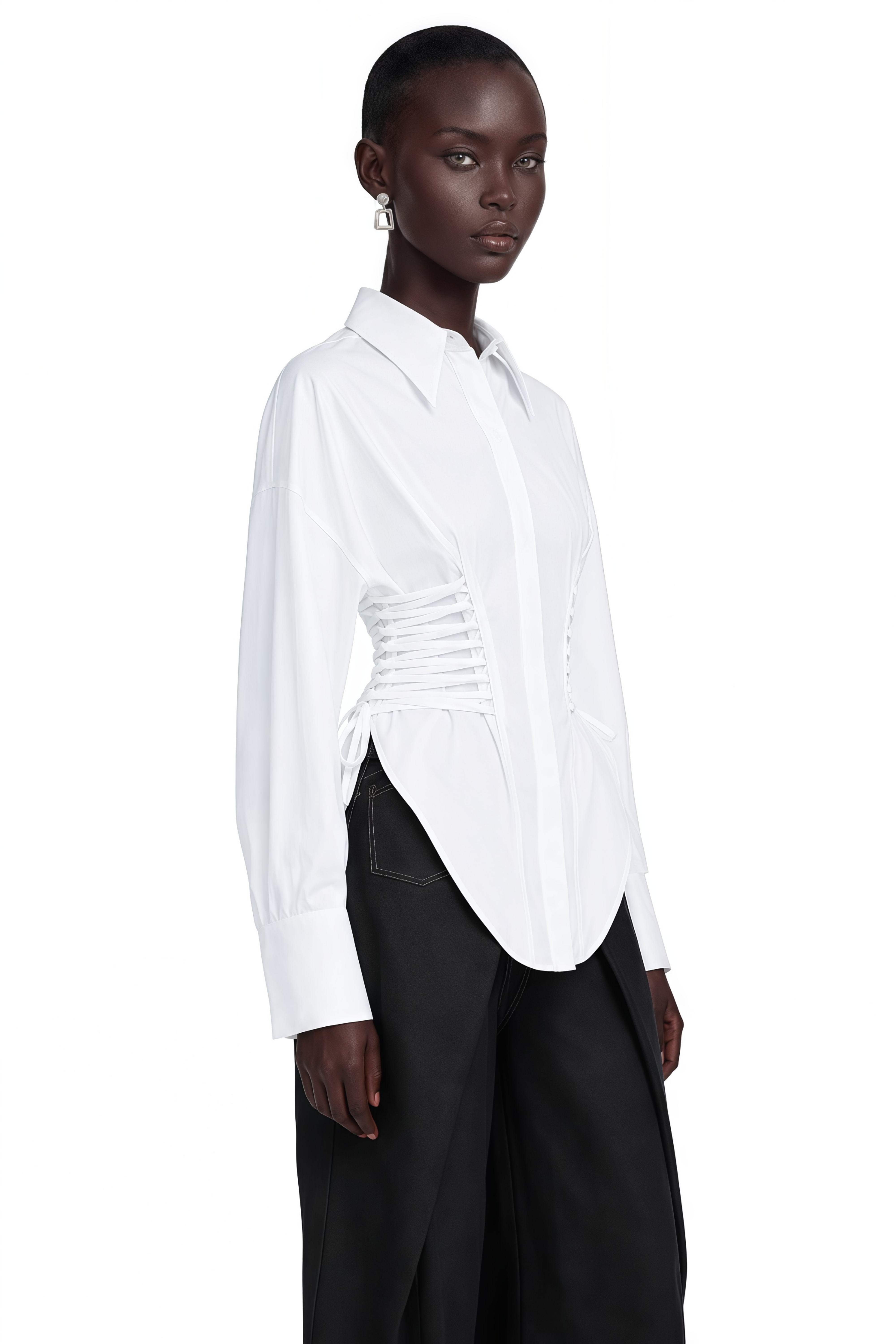 Bérénice White Curved Lace Up Shirt