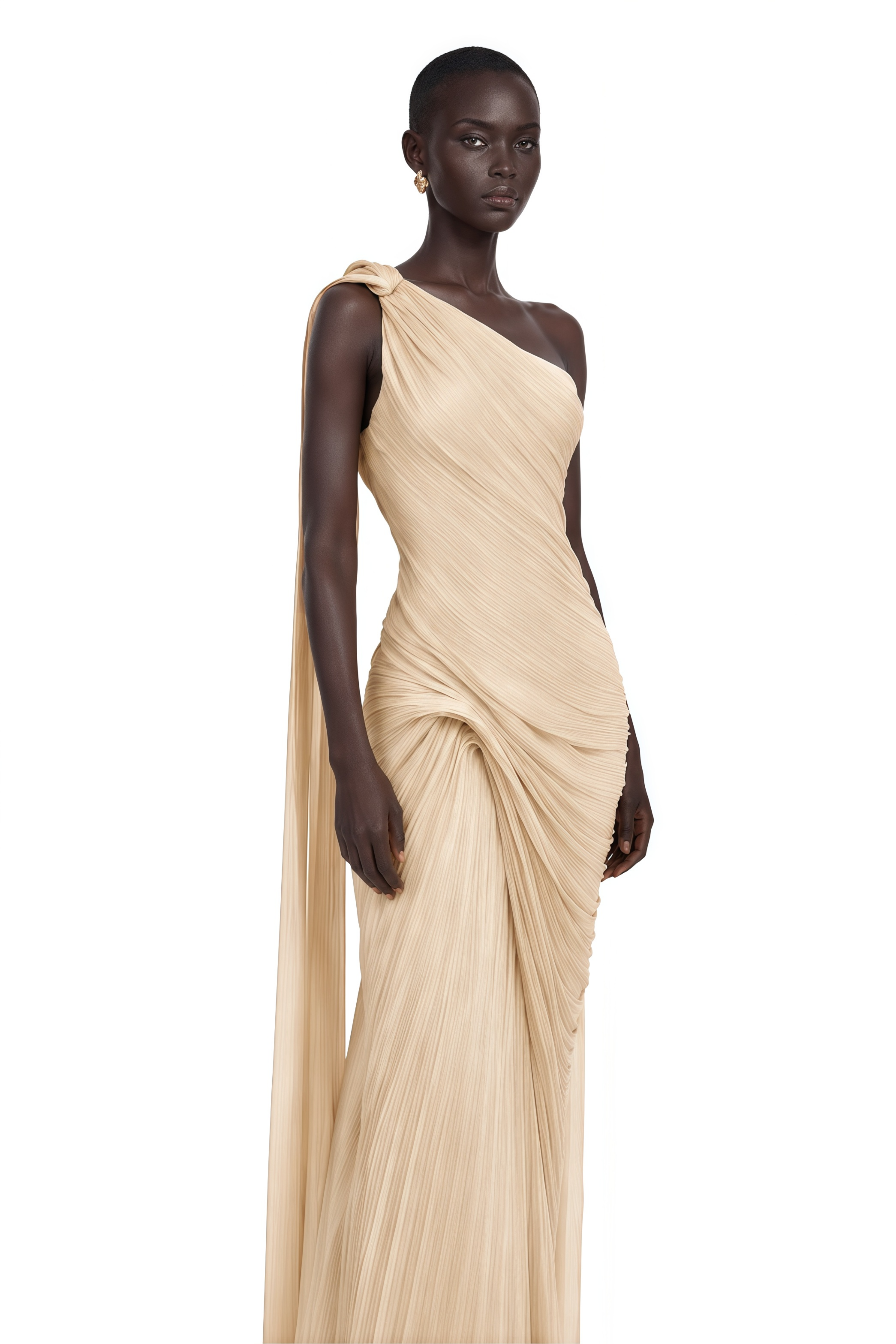 Meissa Neutral Asymmetrical Ruched Maxi Dress