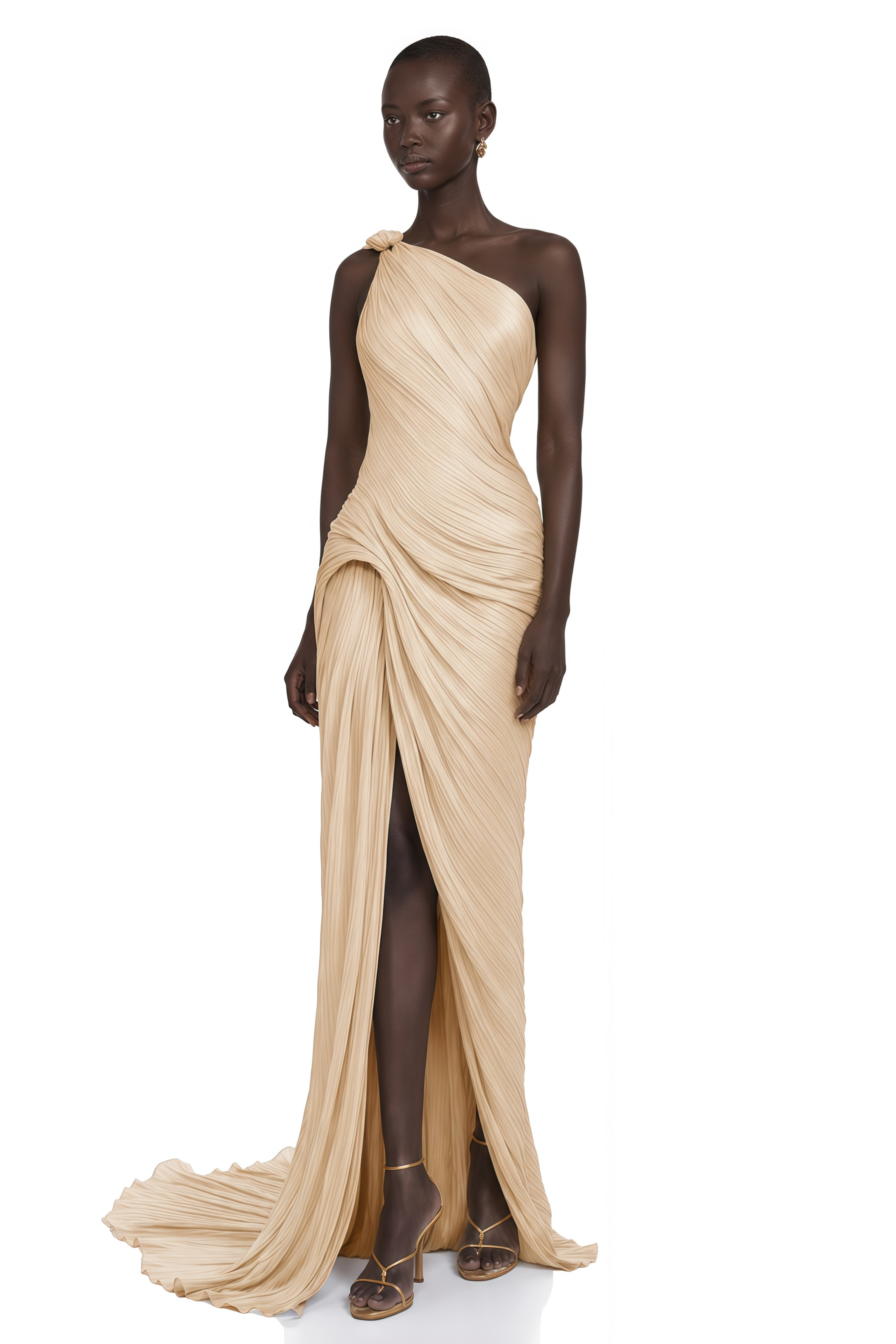 Meissa Neutral Asymmetrical Ruched Maxi Dress
