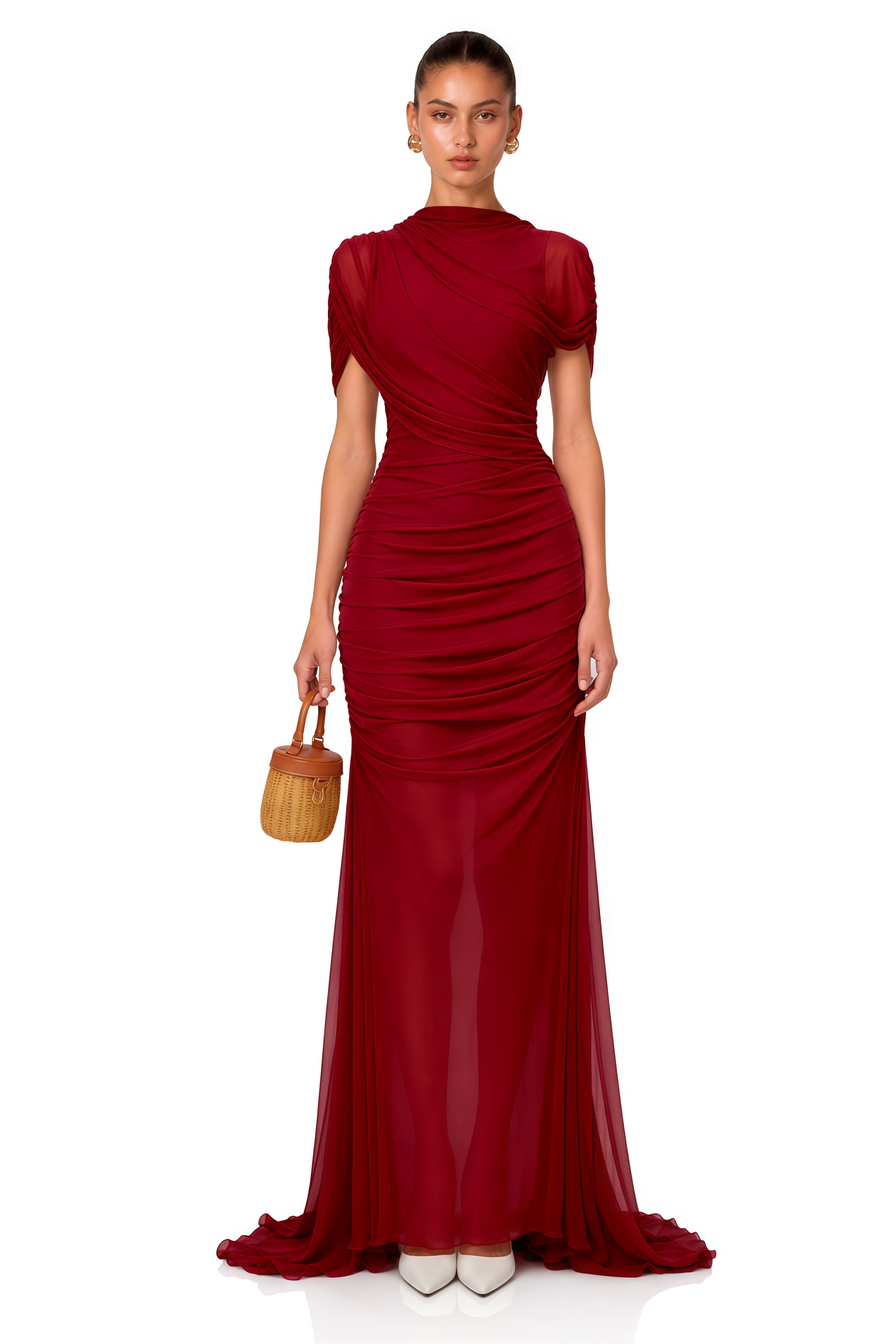 Sylphe Red Asymmetrical Ruched Mesh Maxi Dress