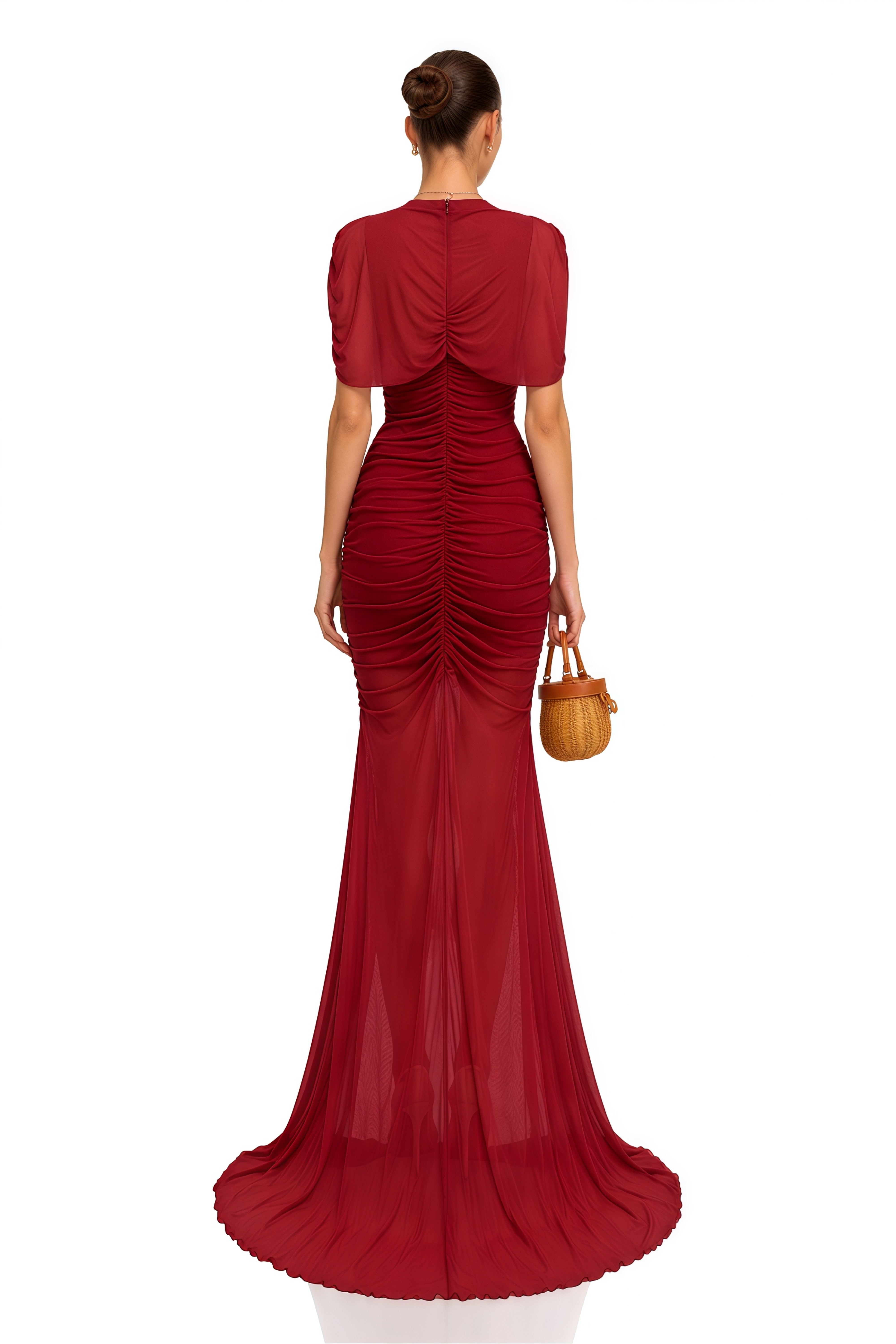 Sylphe Red Asymmetrical Ruched Mesh Maxi Dress