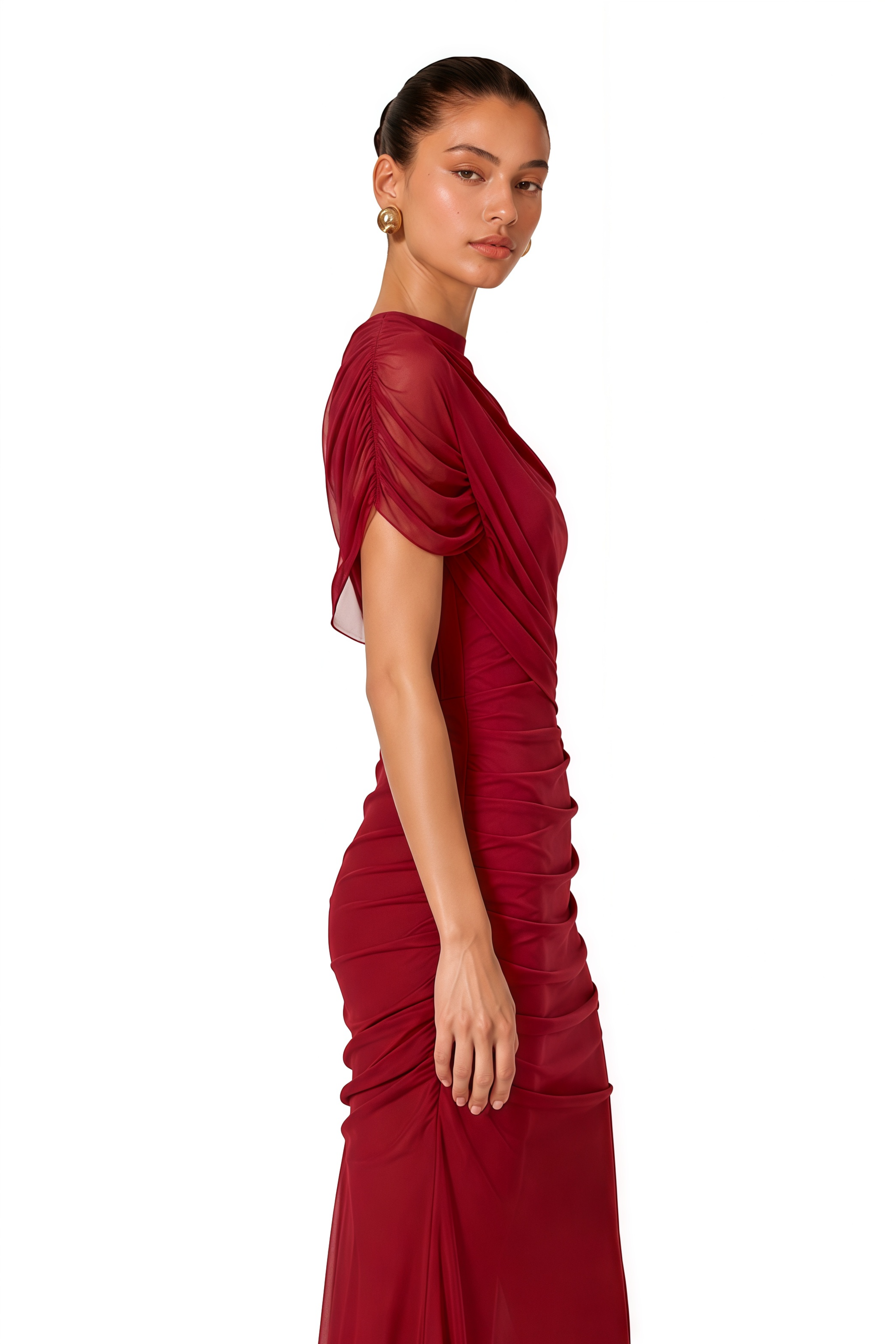 Sylphe Red Asymmetrical Ruched Mesh Maxi Dress