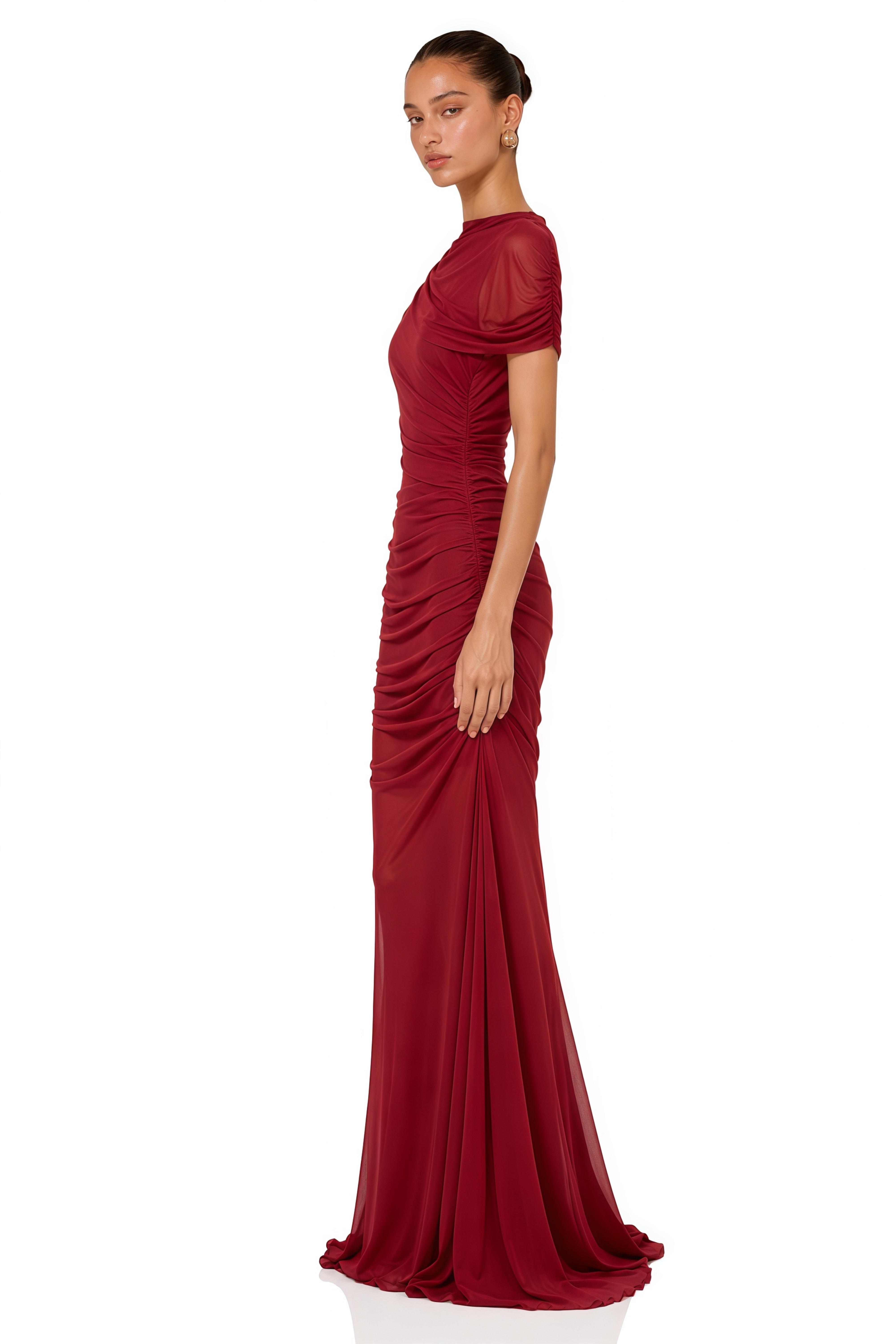 Sylphe Red Asymmetrical Ruched Mesh Maxi Dress