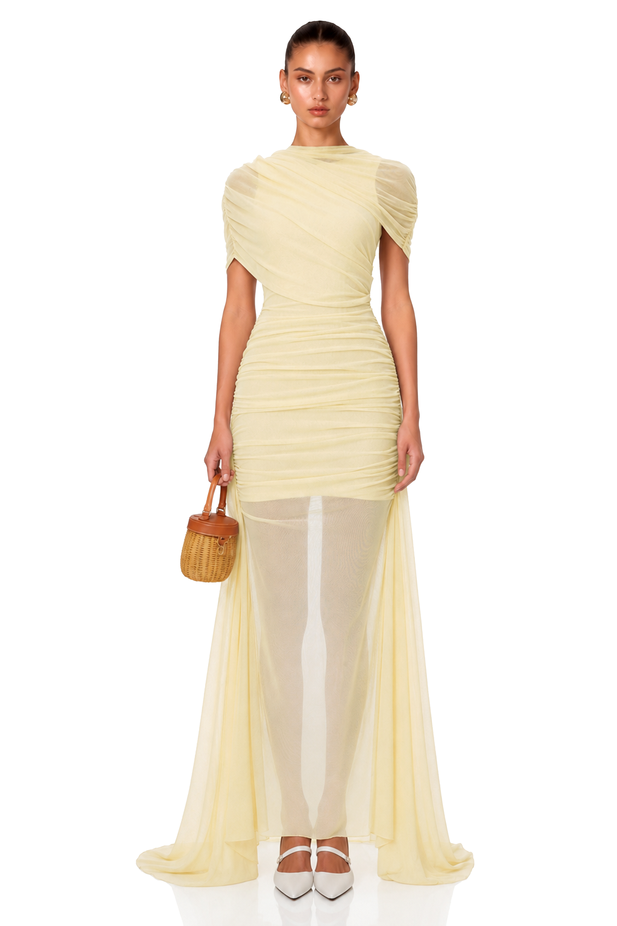 Sylphe Yellow Asymmetrical Ruched Mesh Maxi Dress