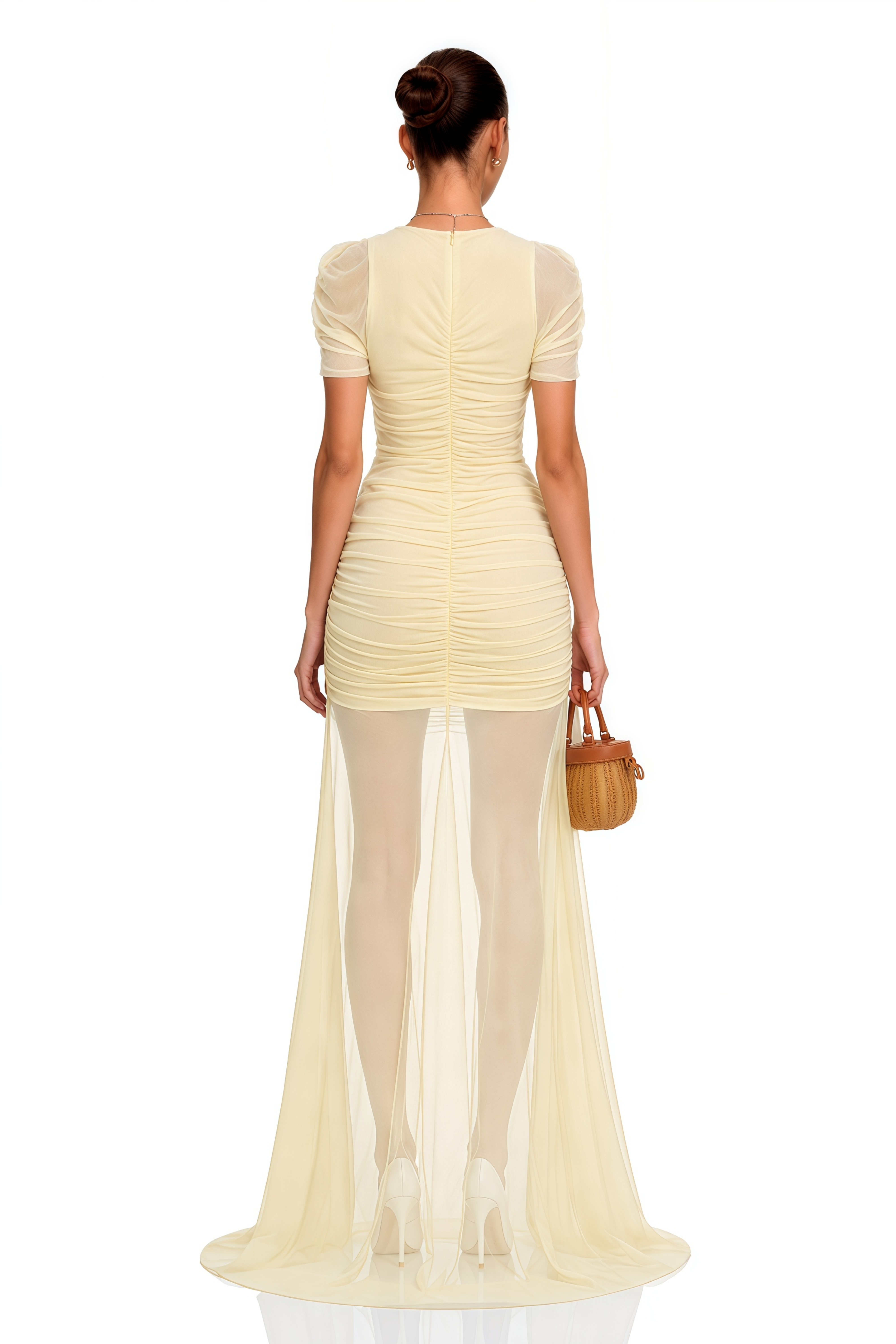 Sylphe Yellow Asymmetrical Ruched Mesh Maxi Dress