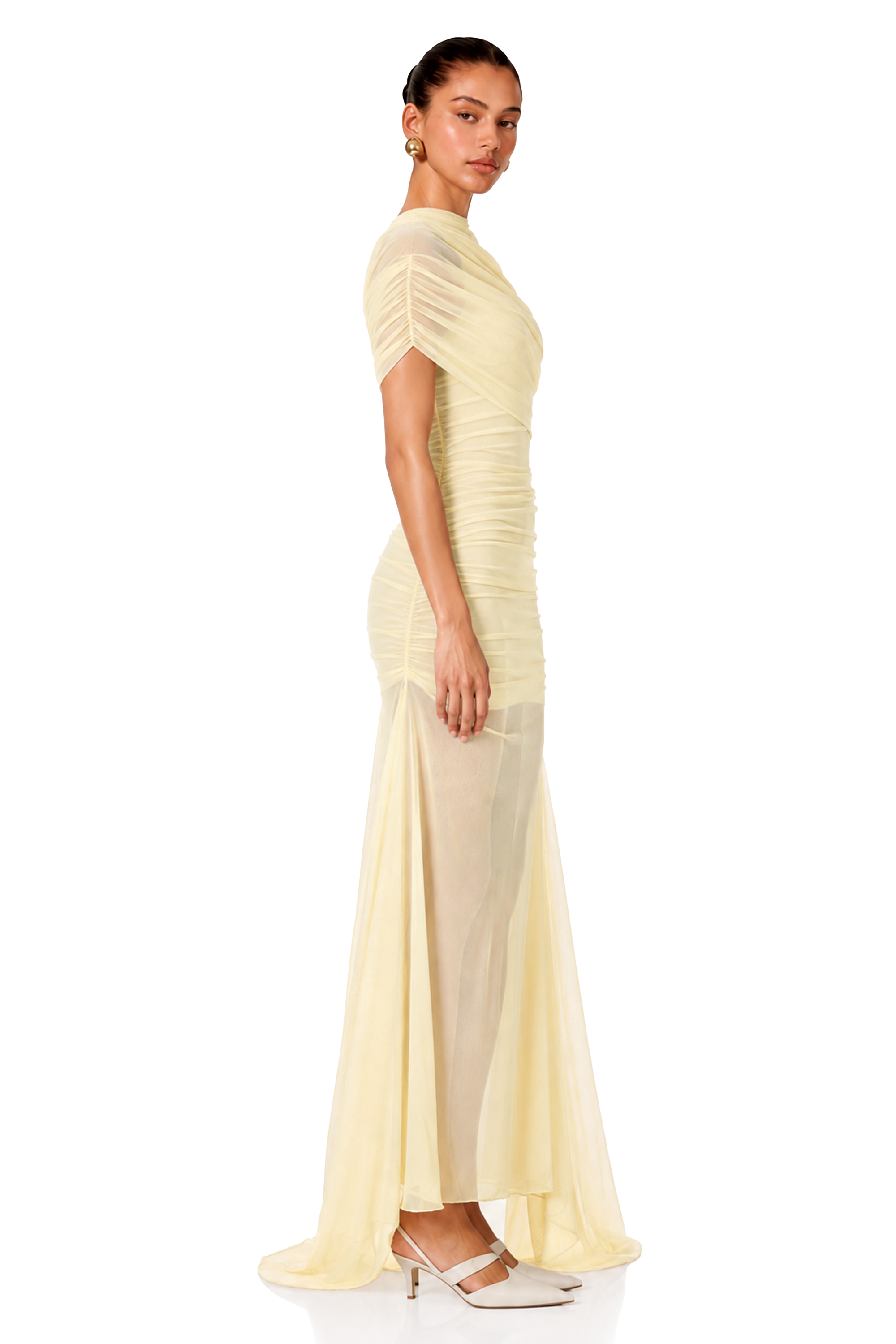 Sylphe Yellow Asymmetrical Ruched Mesh Maxi Dress