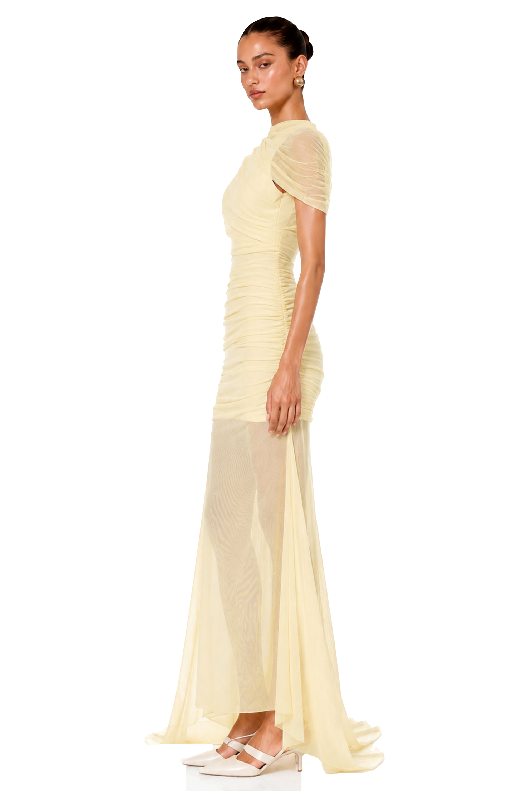 Sylphe Yellow Asymmetrical Ruched Mesh Maxi Dress