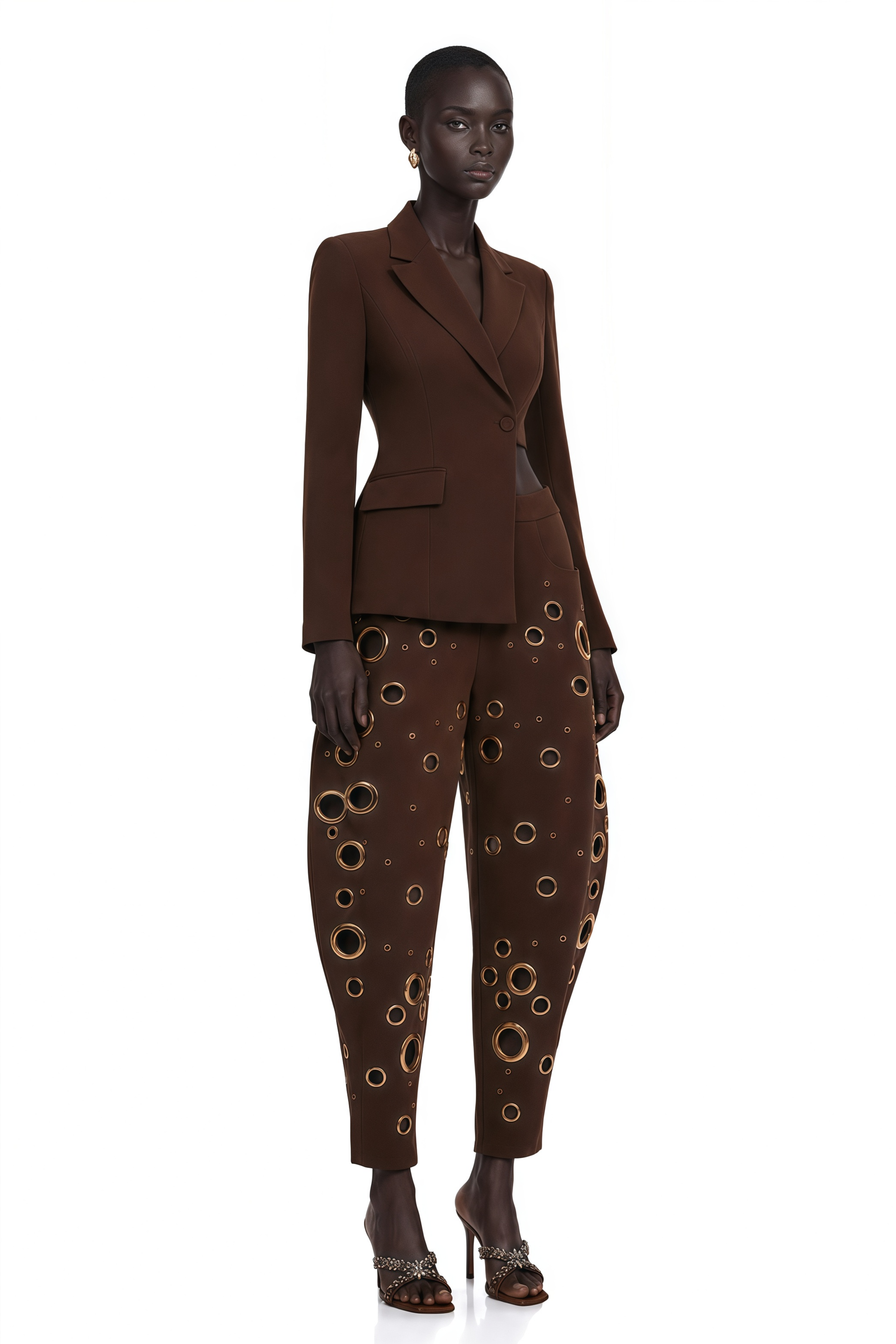 Xaviera Chocolate Brown Asymmetrical Blazer & Cut-Out Trouser Set
