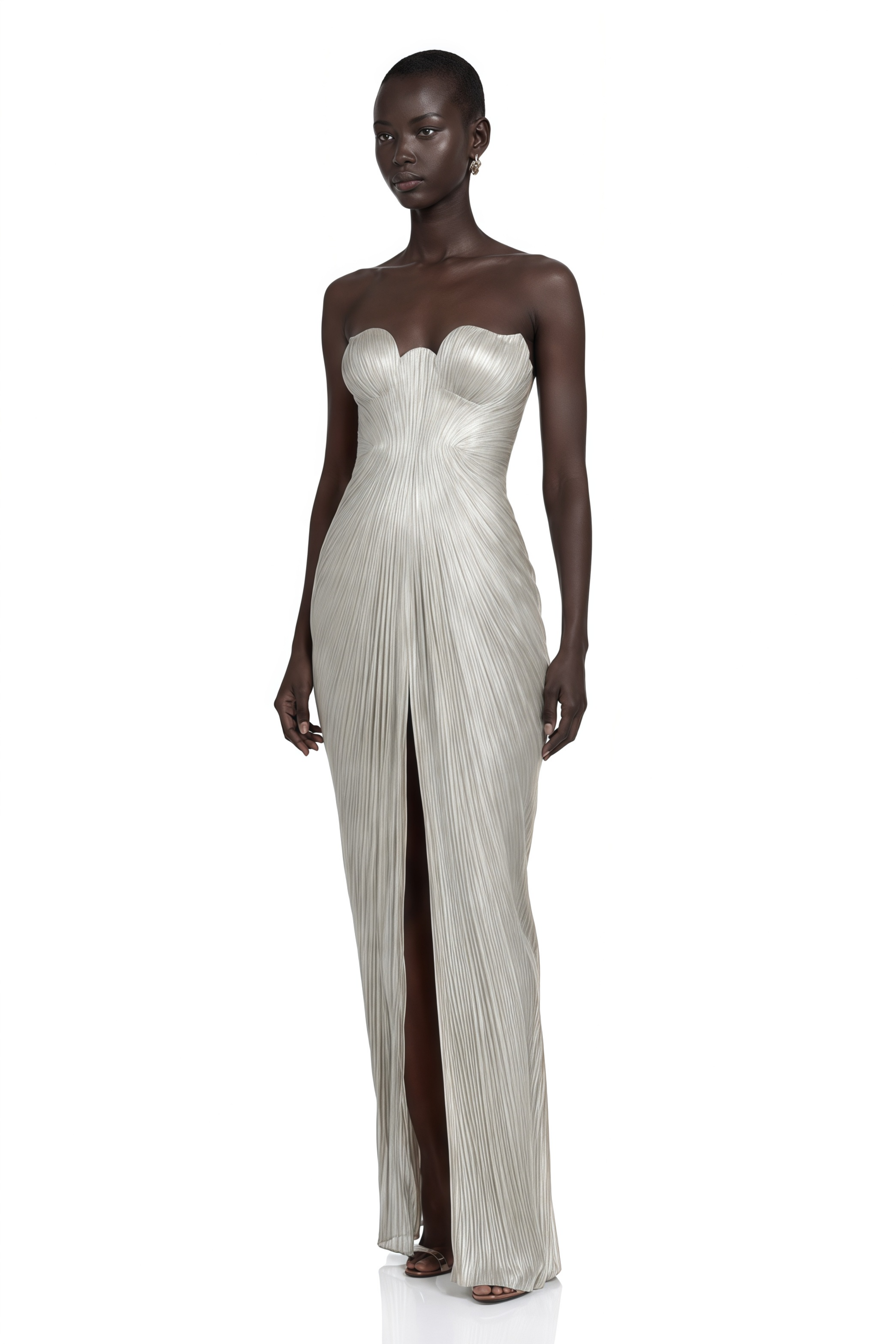 Xrystyna Silver Metallic Ruched Maxi Dress