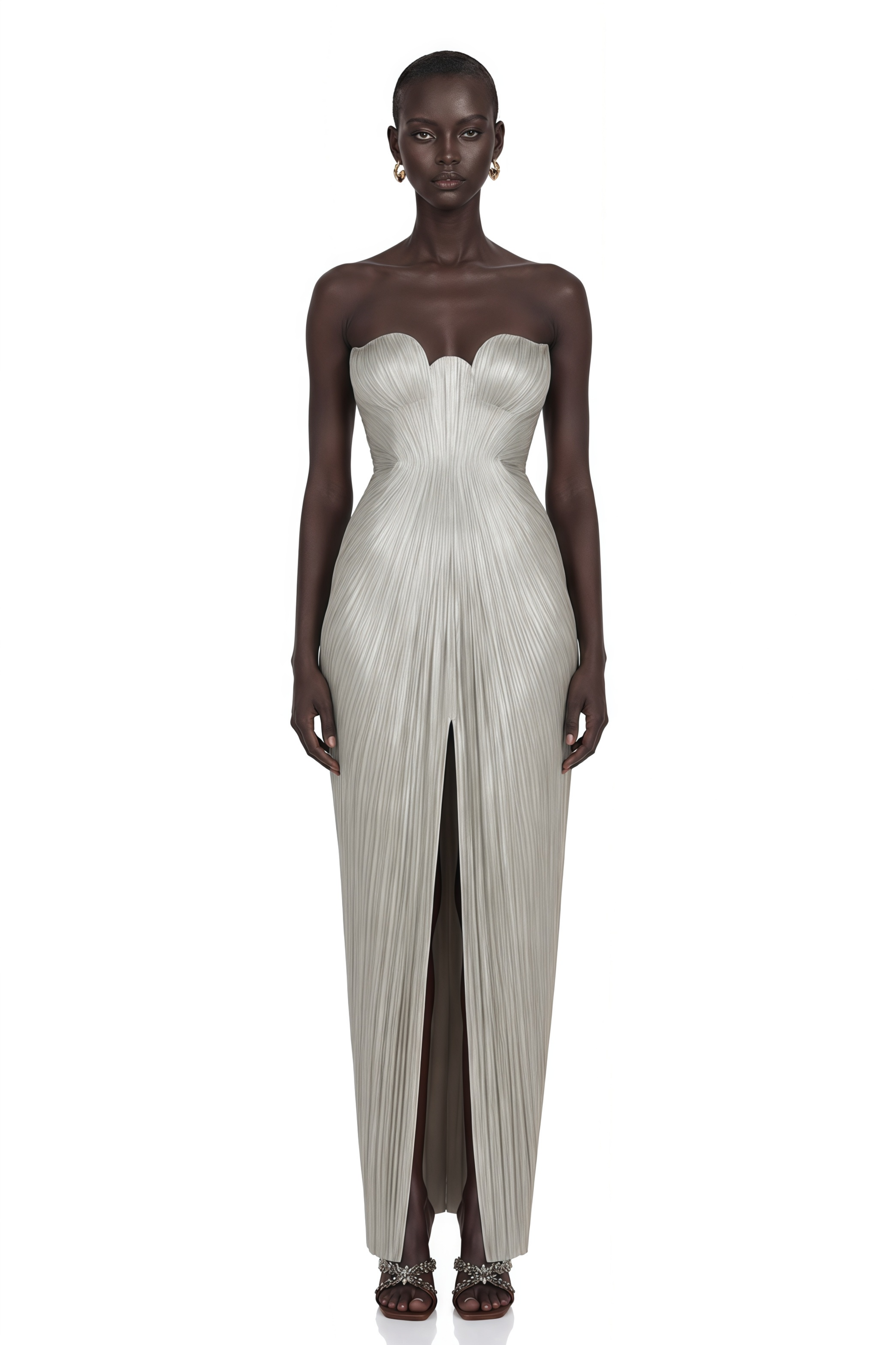 Xrystyna Silver Metallic Ruched Maxi Dress