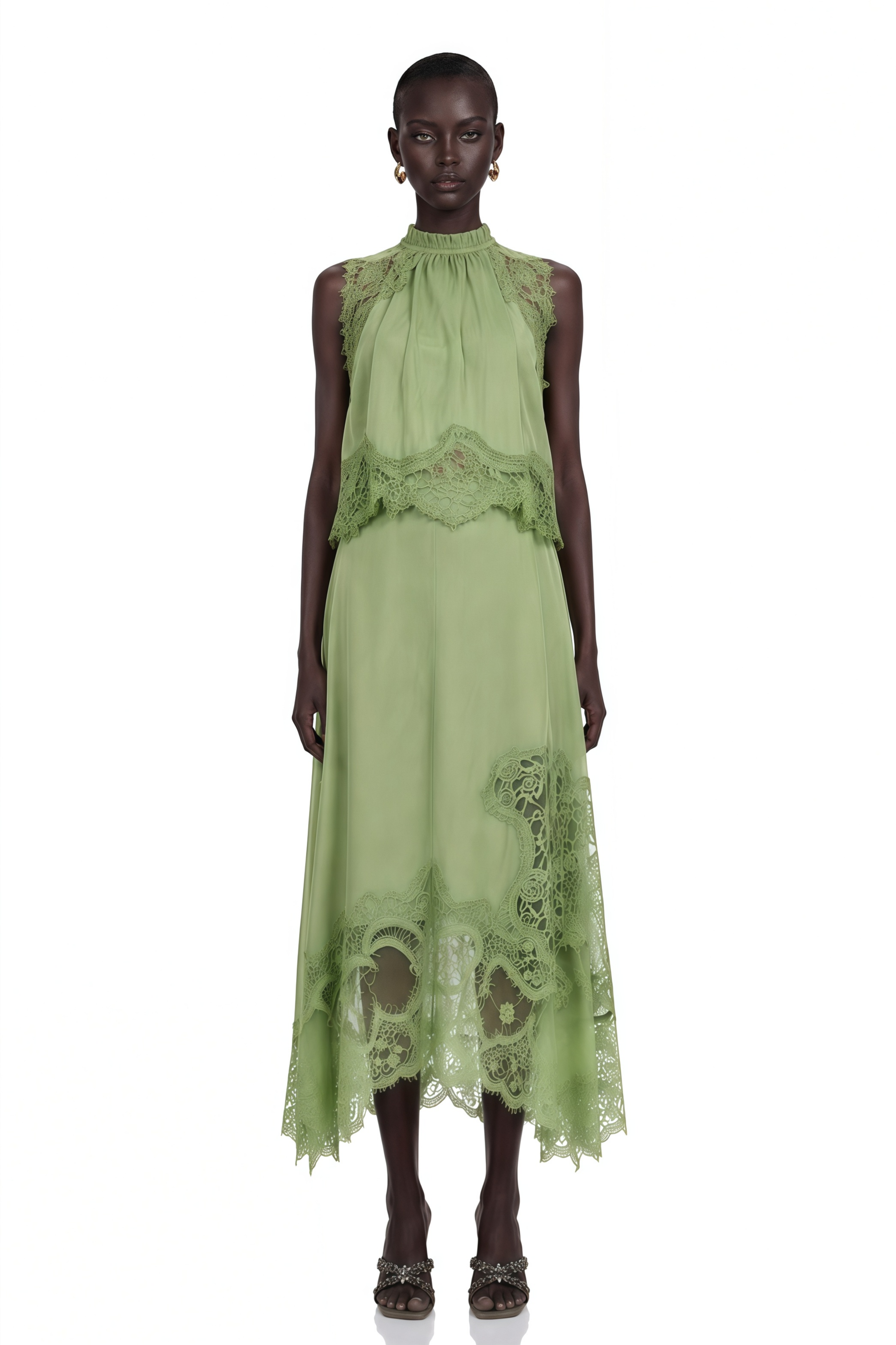 Florence Green Lace Panel Top & Skirt Set