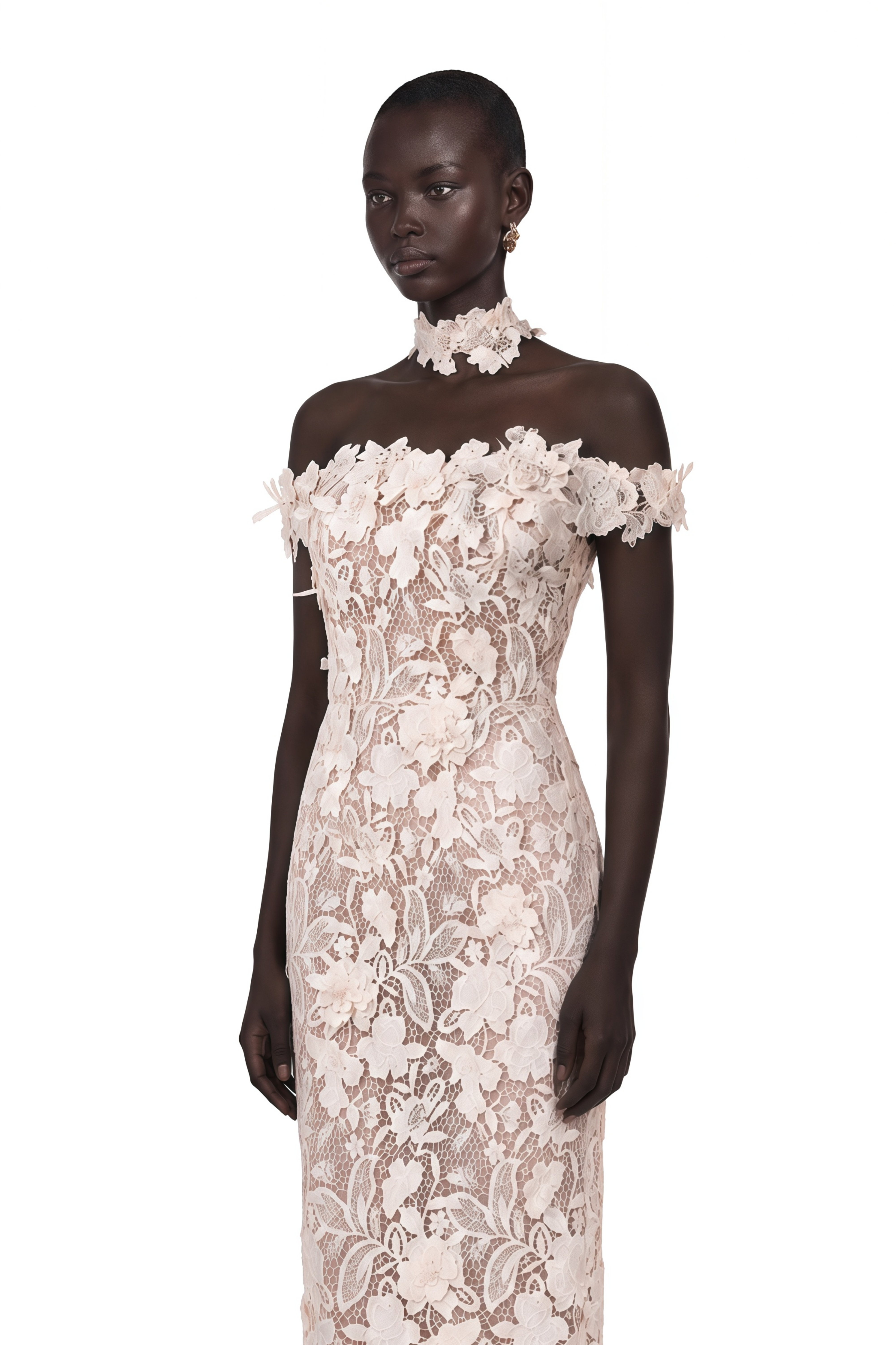 Hecate White Beaded Lace Maxi Dress with 3D Florals