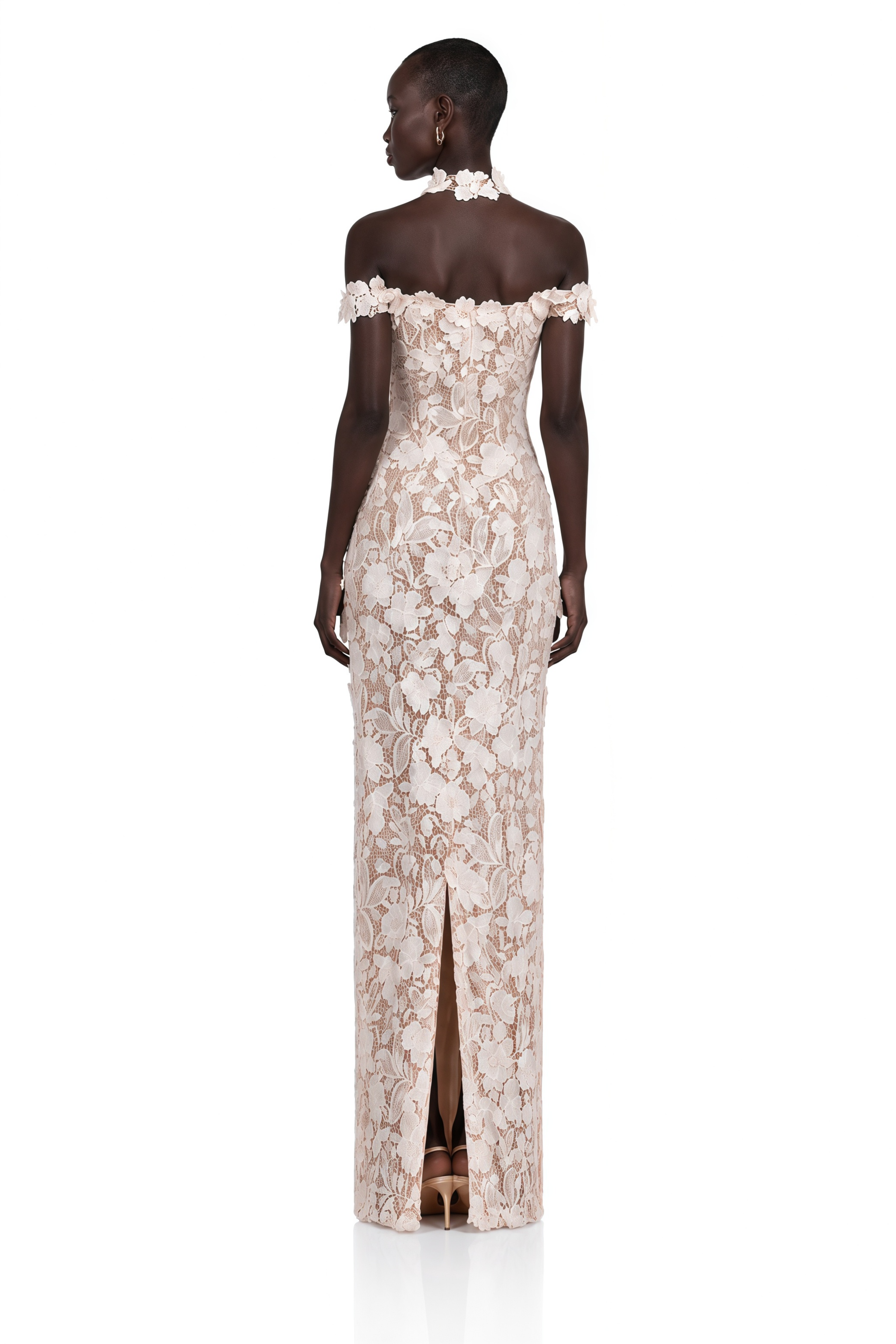 Hecate White Beaded Lace Maxi Dress with 3D Florals