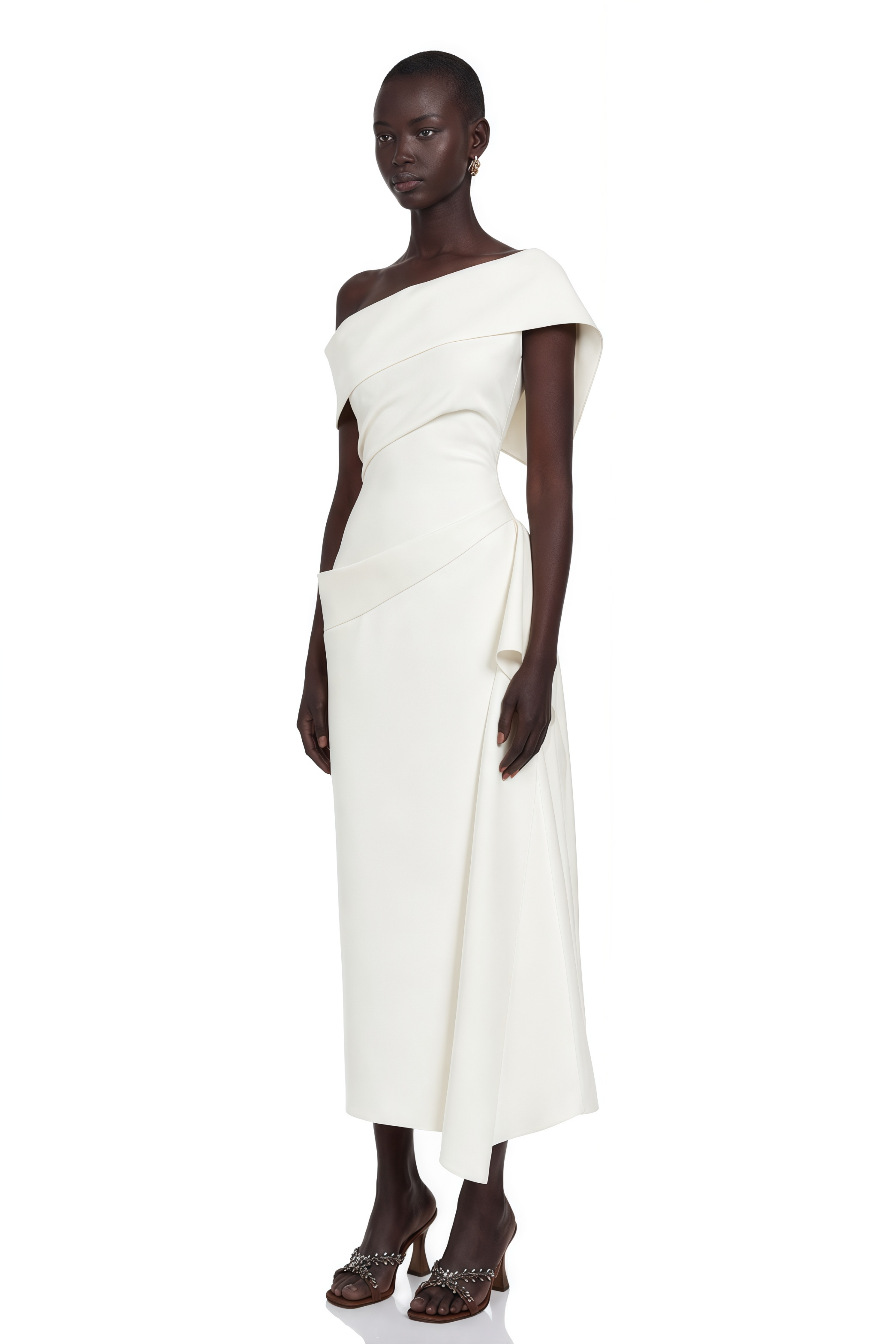 Kare White Asymmetrical Gathered Midi Dress