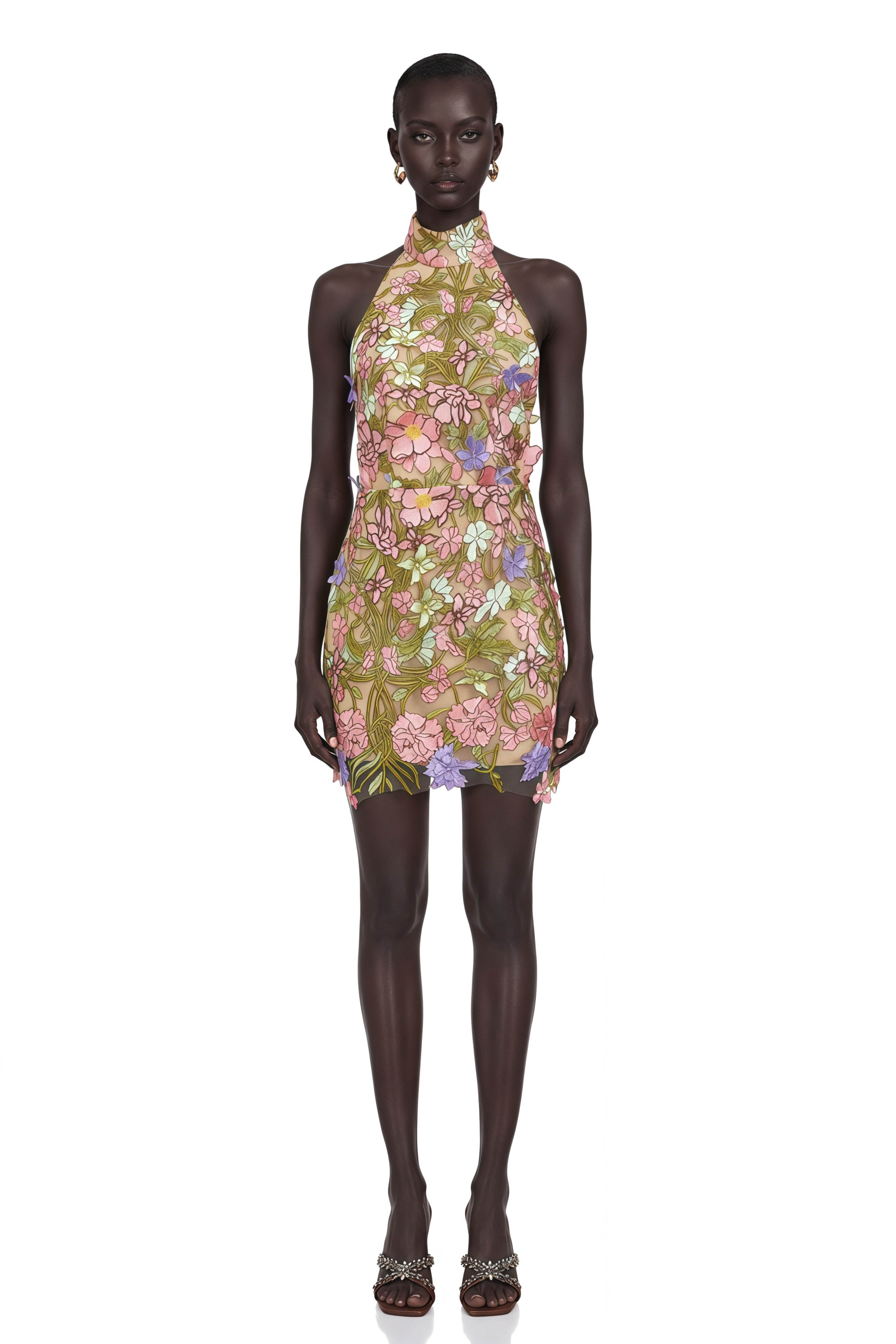 Consuelo Green Floral Embroidered Mesh Mini Dress
