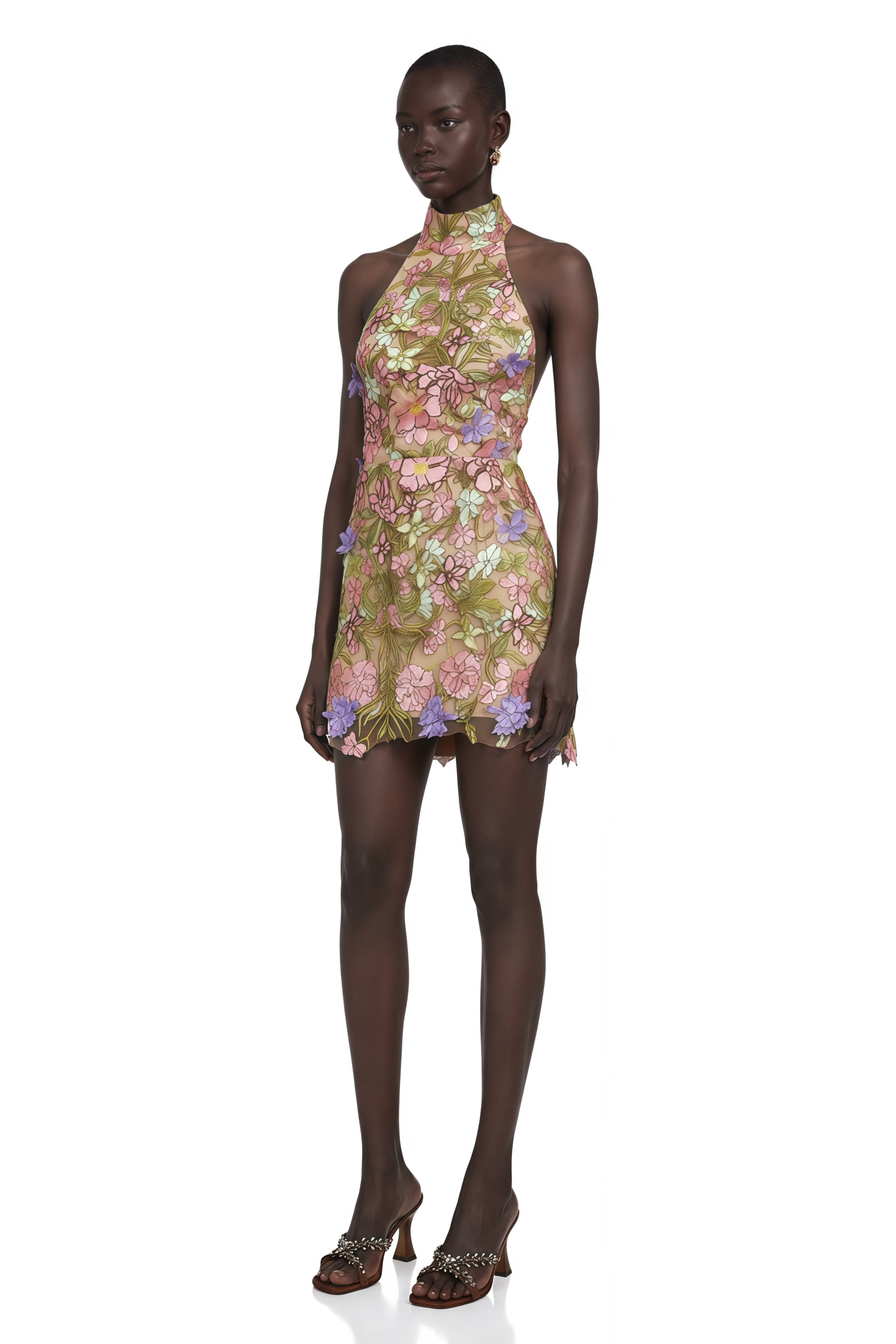 Consuelo Green Floral Embroidered Mesh Mini Dress