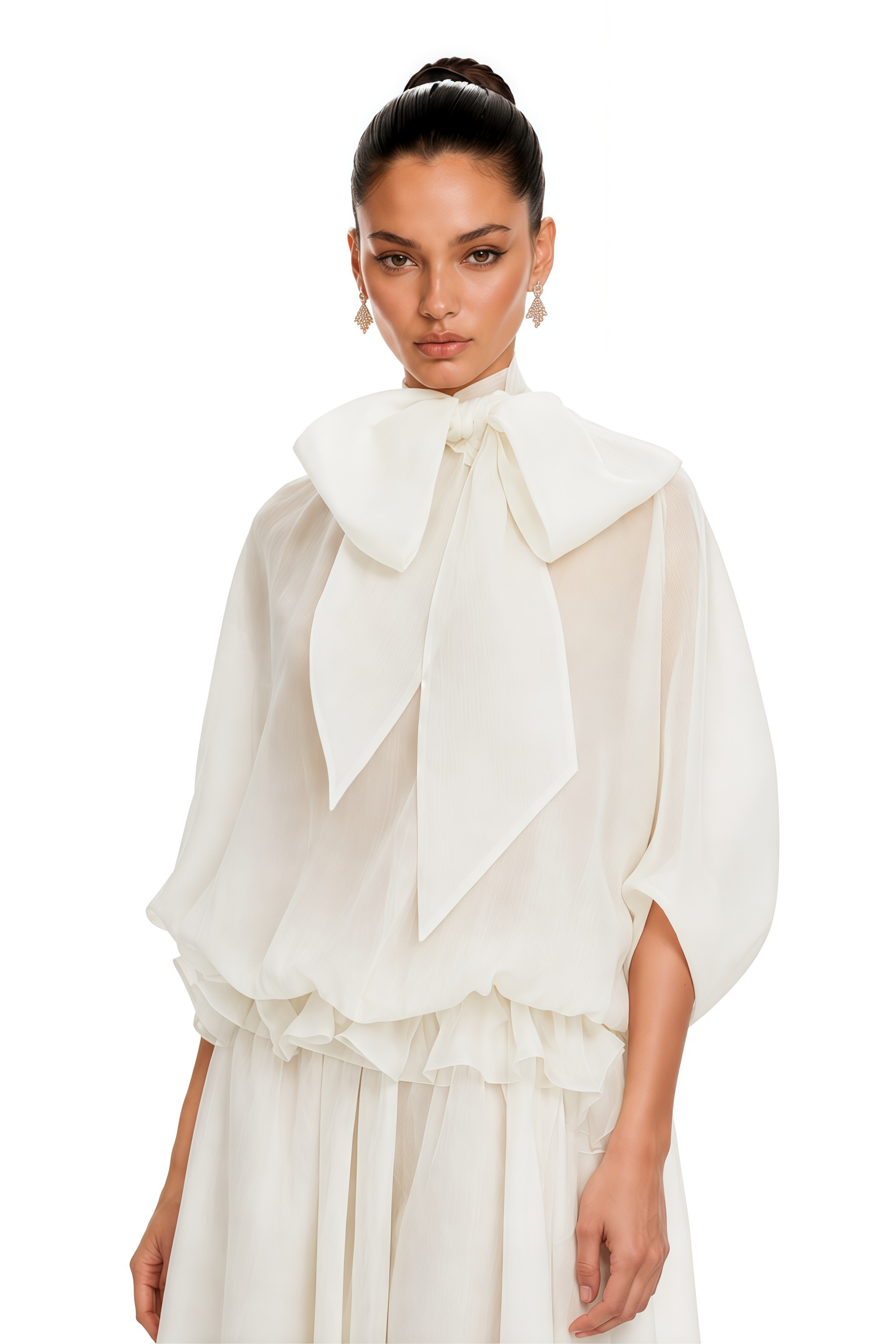 Honorine White Tie-Neck Ruffled Maxi Dress