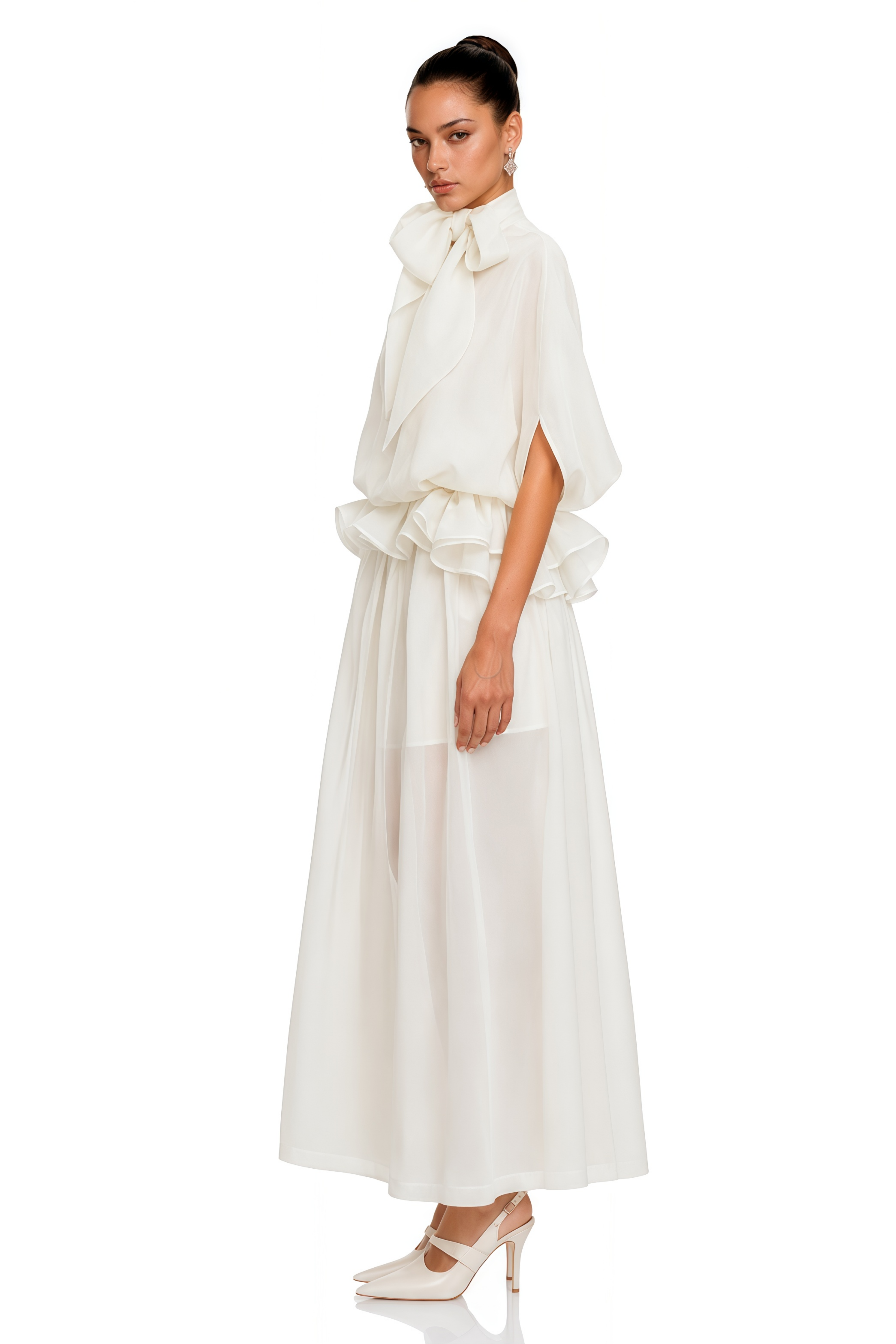 Honorine White Tie-Neck Ruffled Maxi Dress