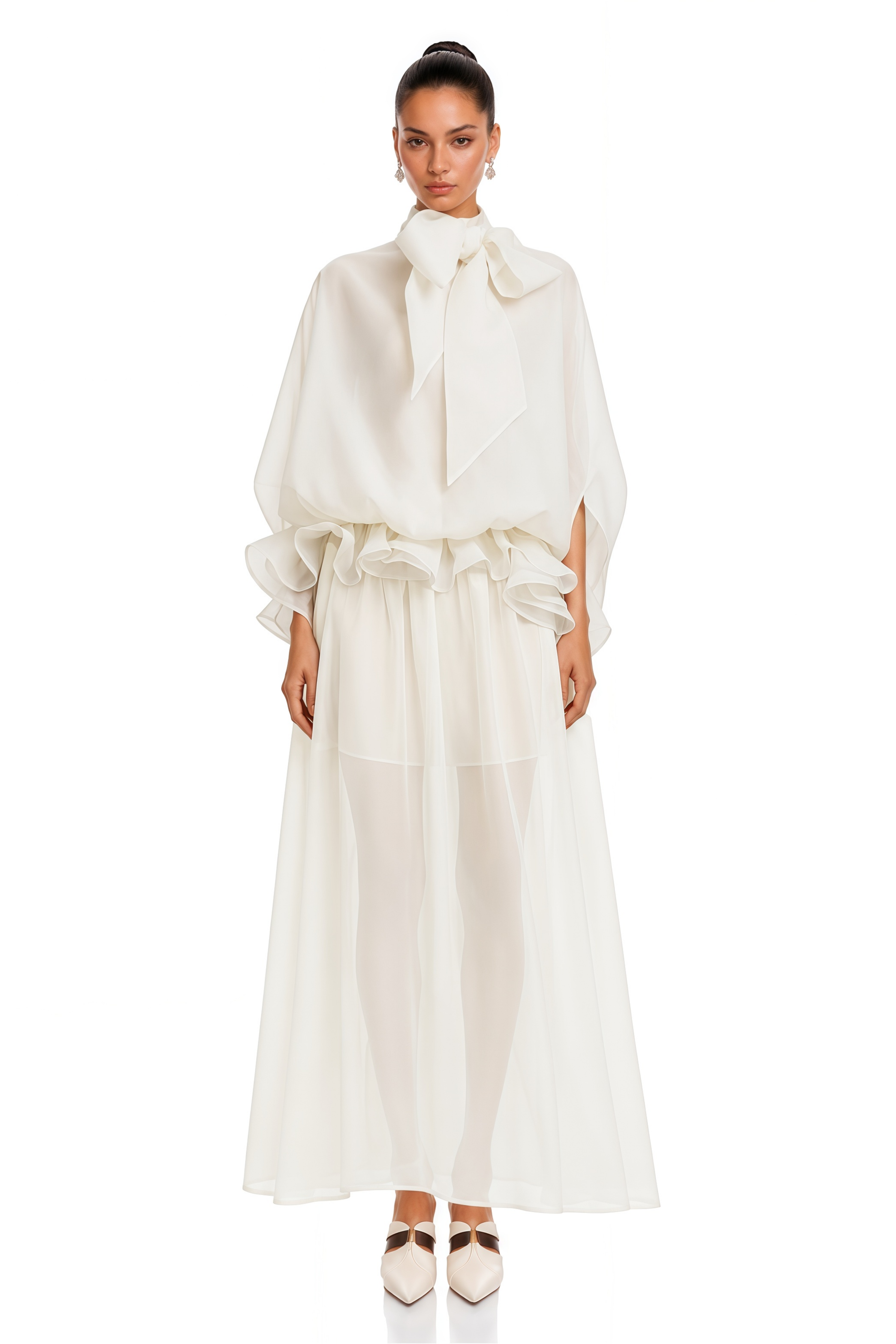 Honorine White Tie-Neck Ruffled Maxi Dress