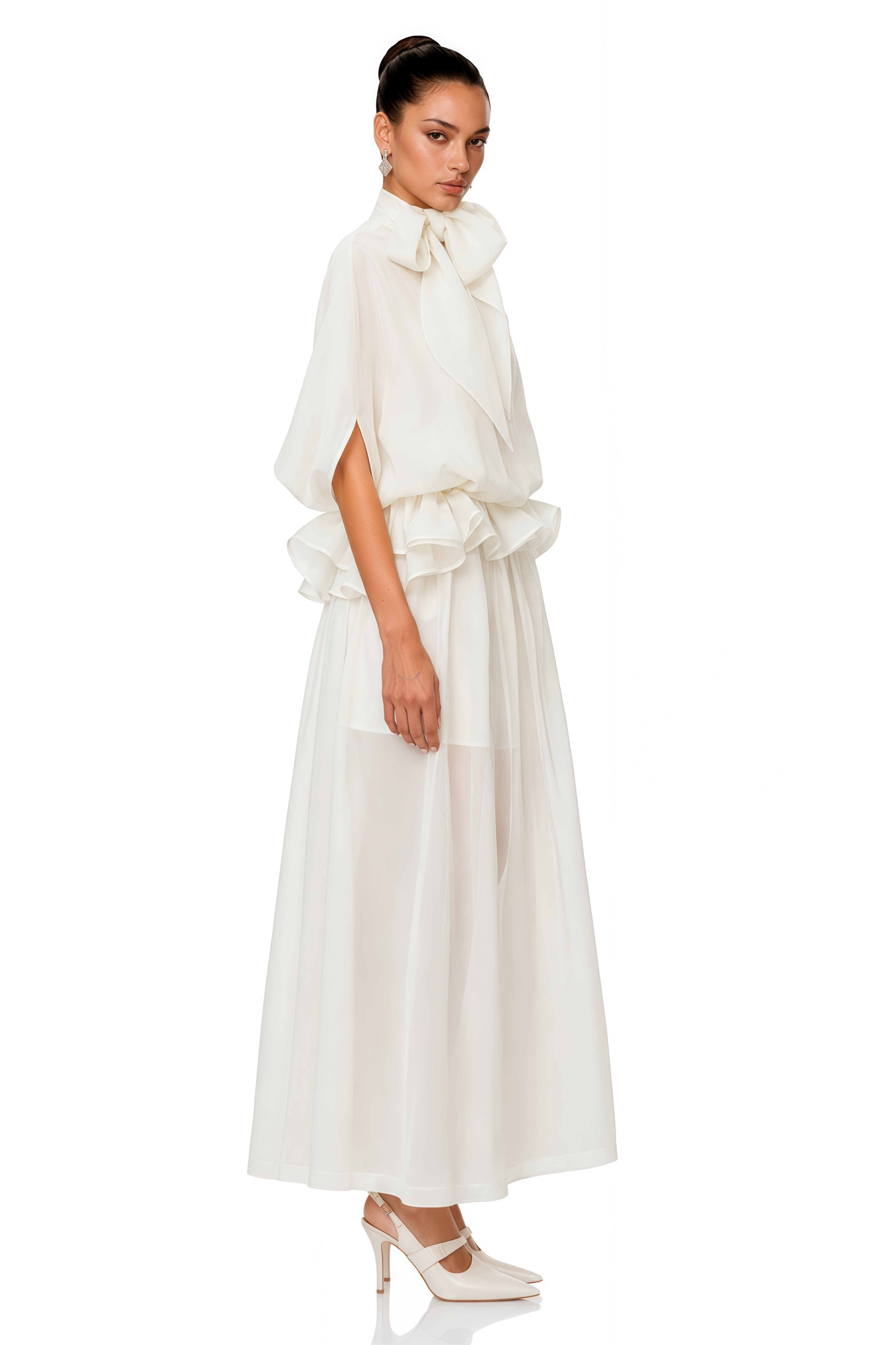 Honorine White Tie-Neck Ruffled Maxi Dress