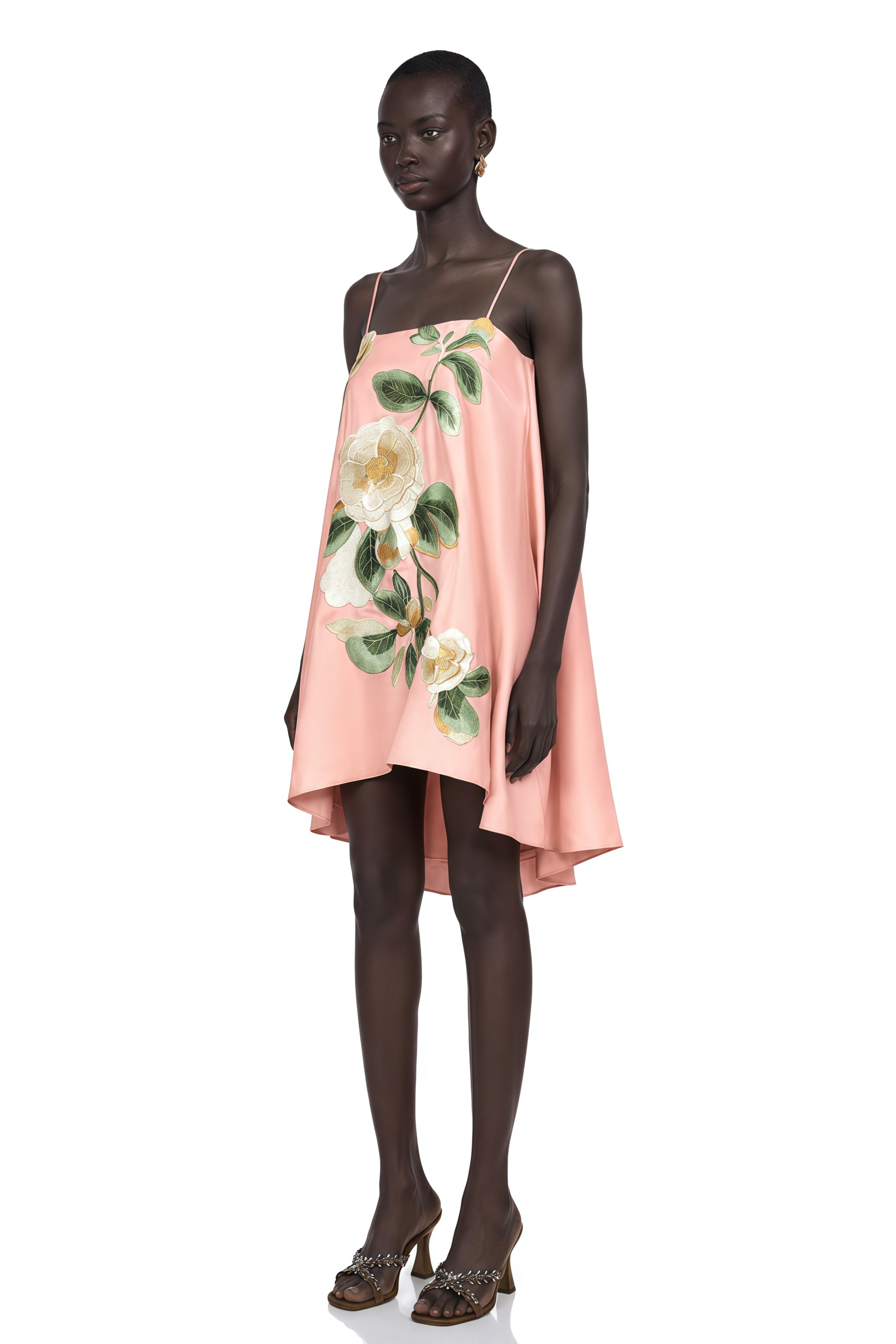 Avril Pink Floral Embroidered Satin Mini Dress