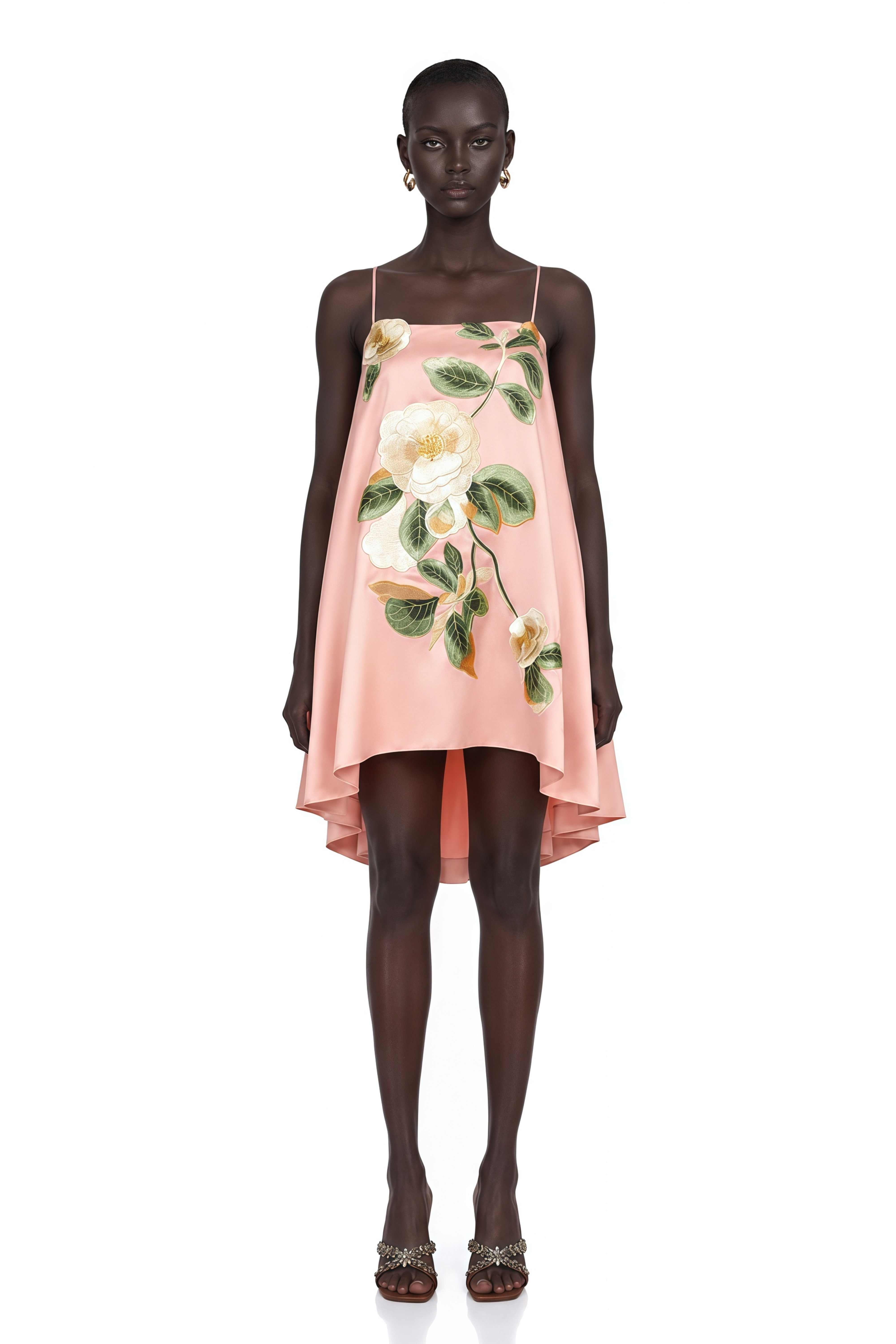 Avril Pink Floral Embroidered Satin Mini Dress