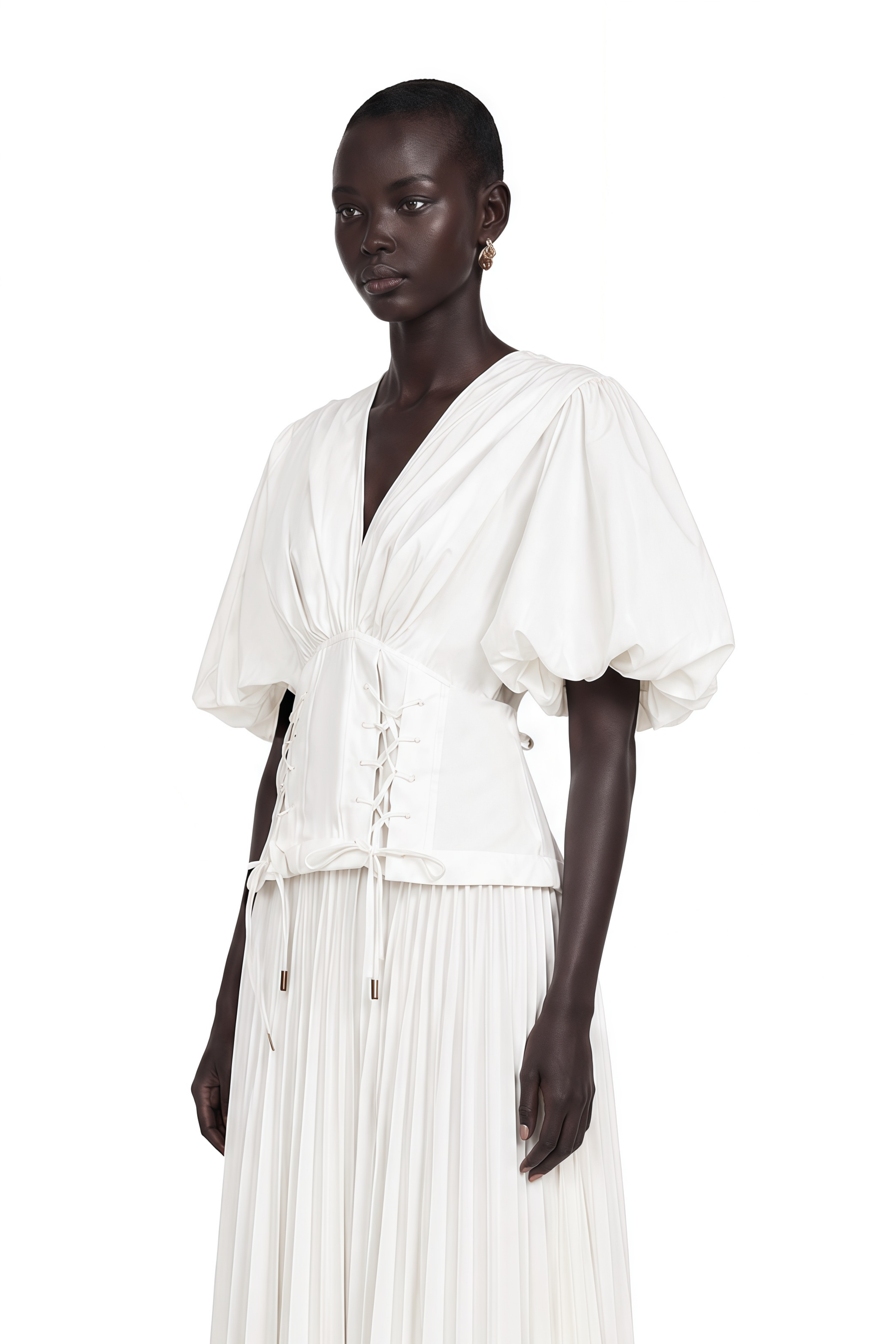 Vienne White Lace-Up Pleated Maxi Dress