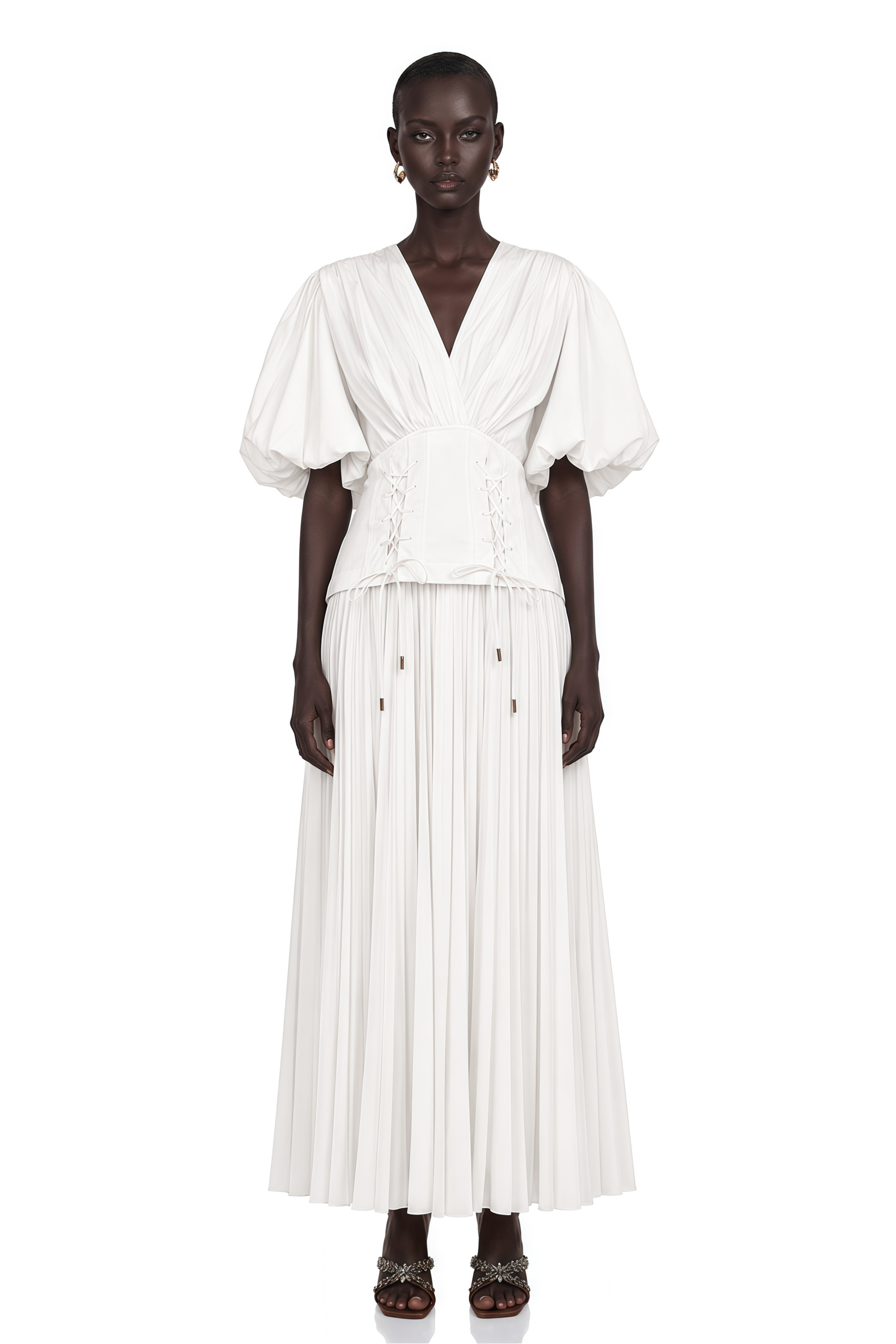 Vienne White Lace-Up Pleated Maxi Dress – Miss Rosier - Women's