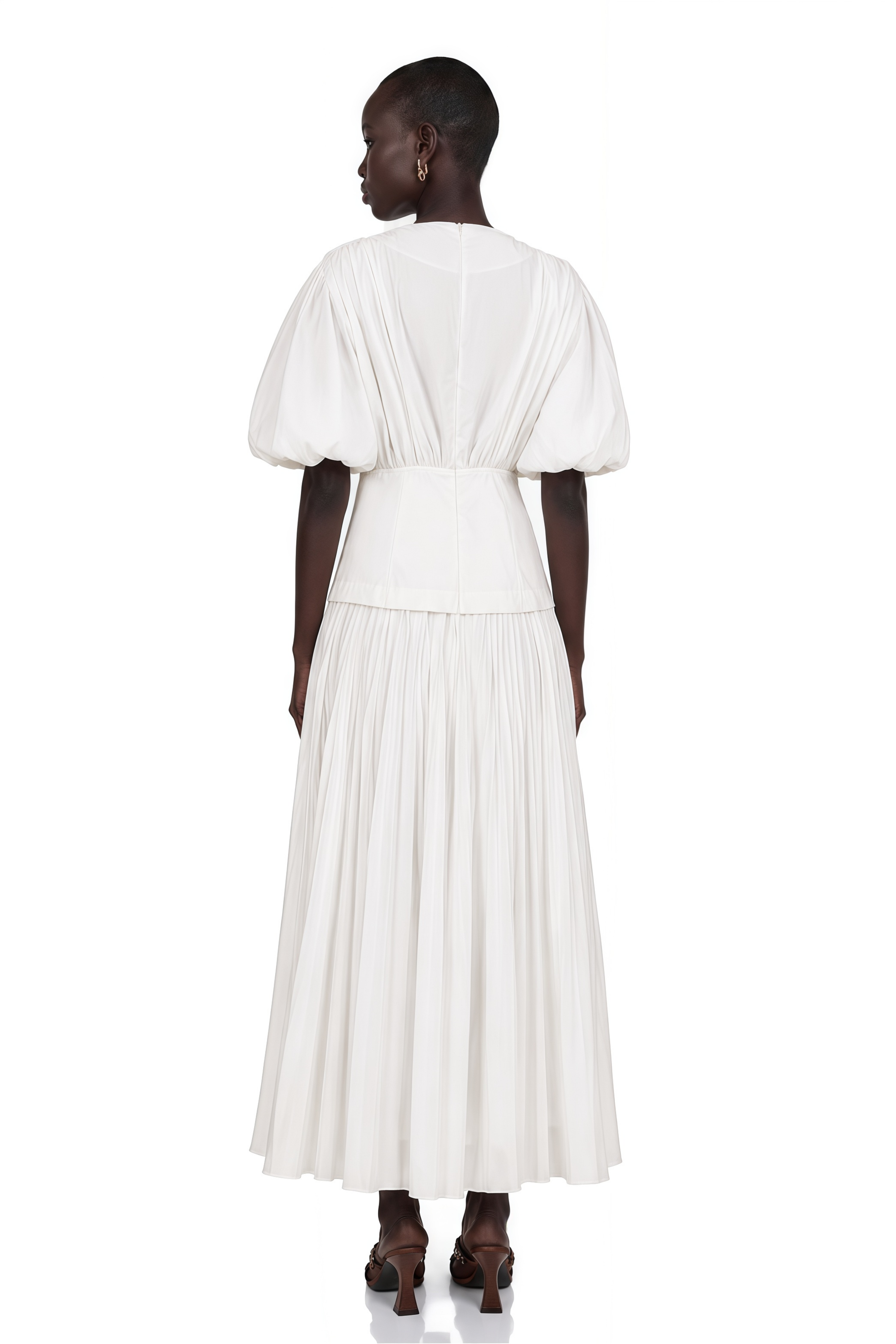 Vienne White Lace-Up Pleated Maxi Dress