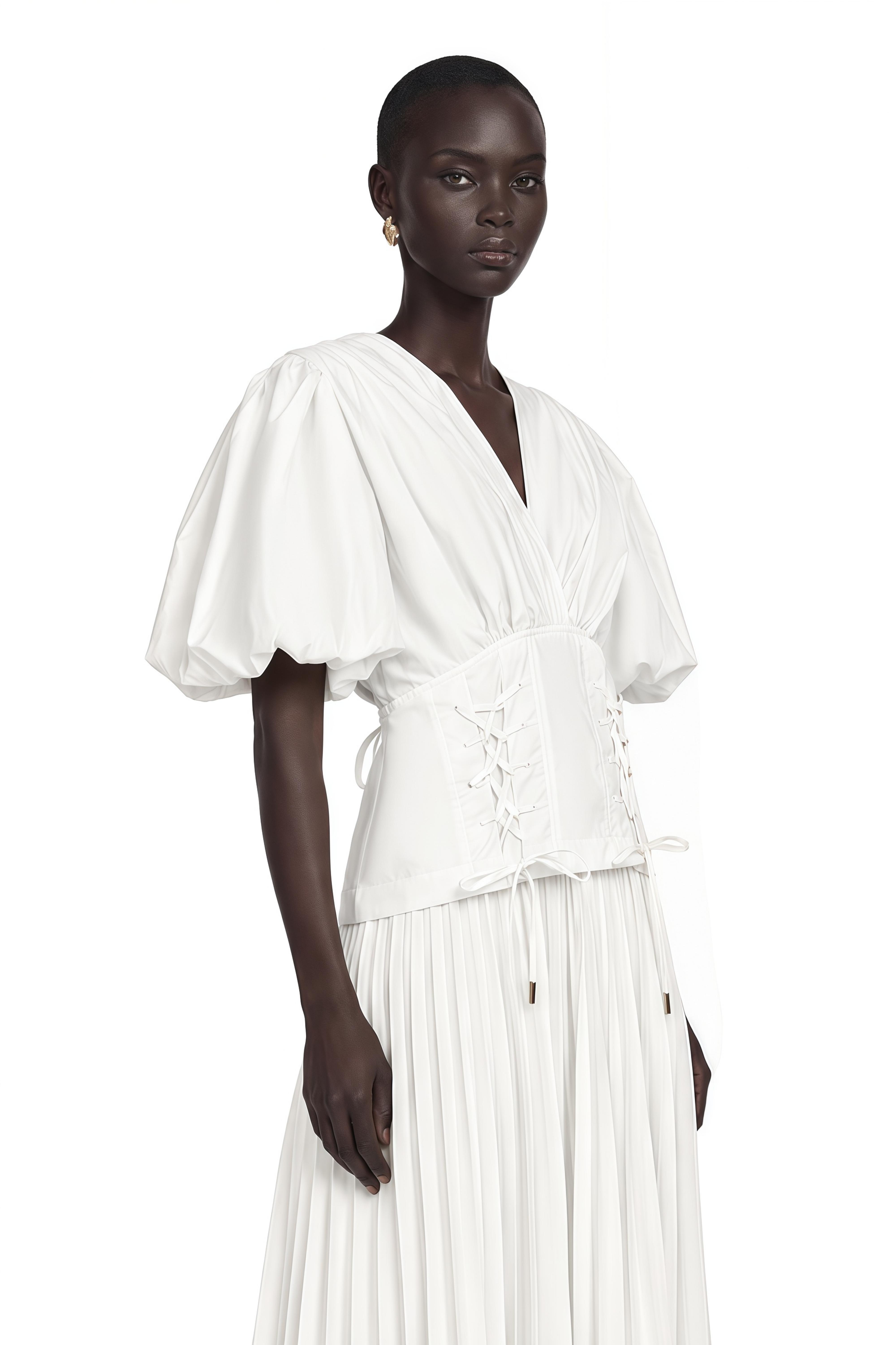 Vienne White Lace-Up Pleated Maxi Dress