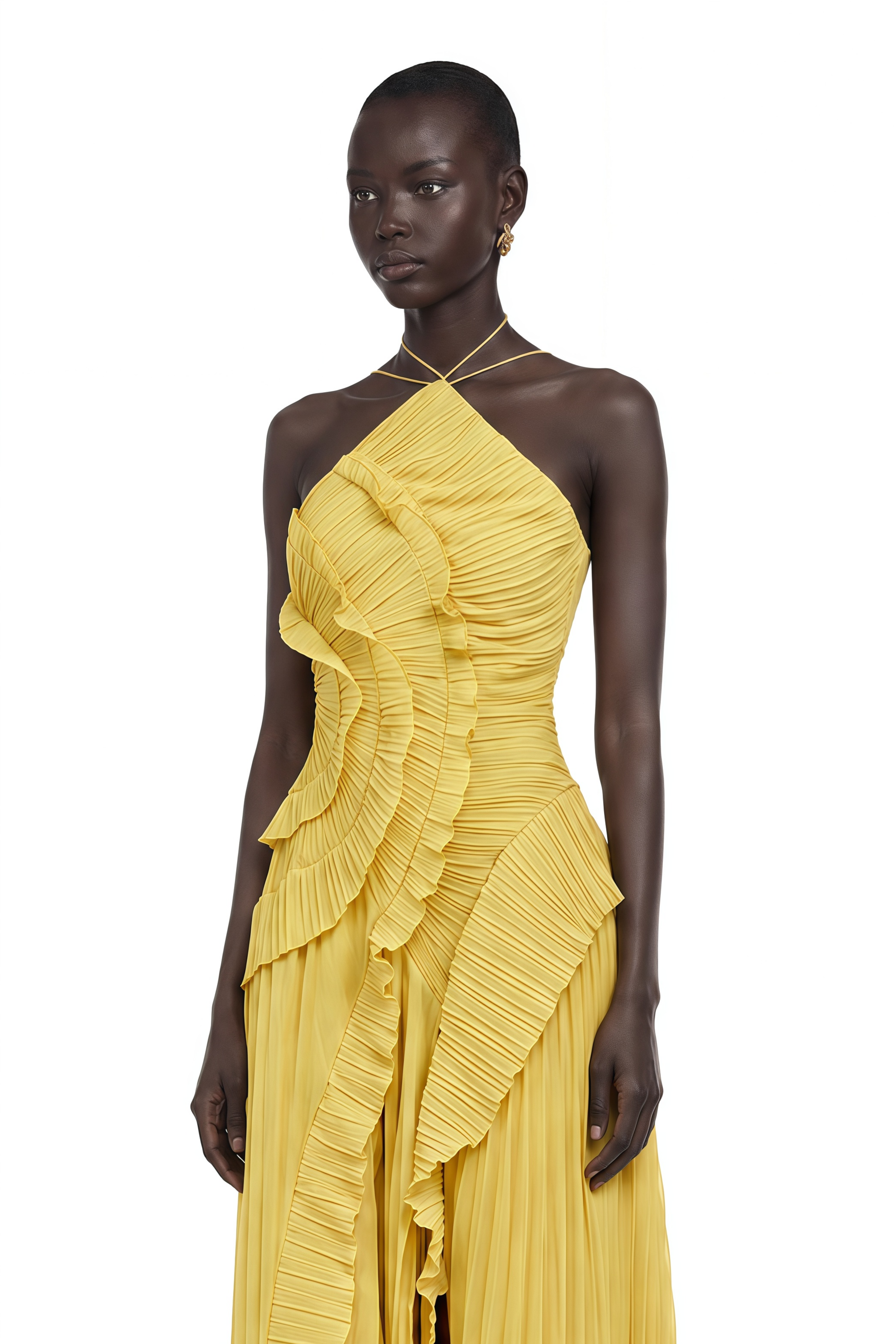 Doux Yellow Ruffled Trim Pleated Midi Dress – Miss Rosier